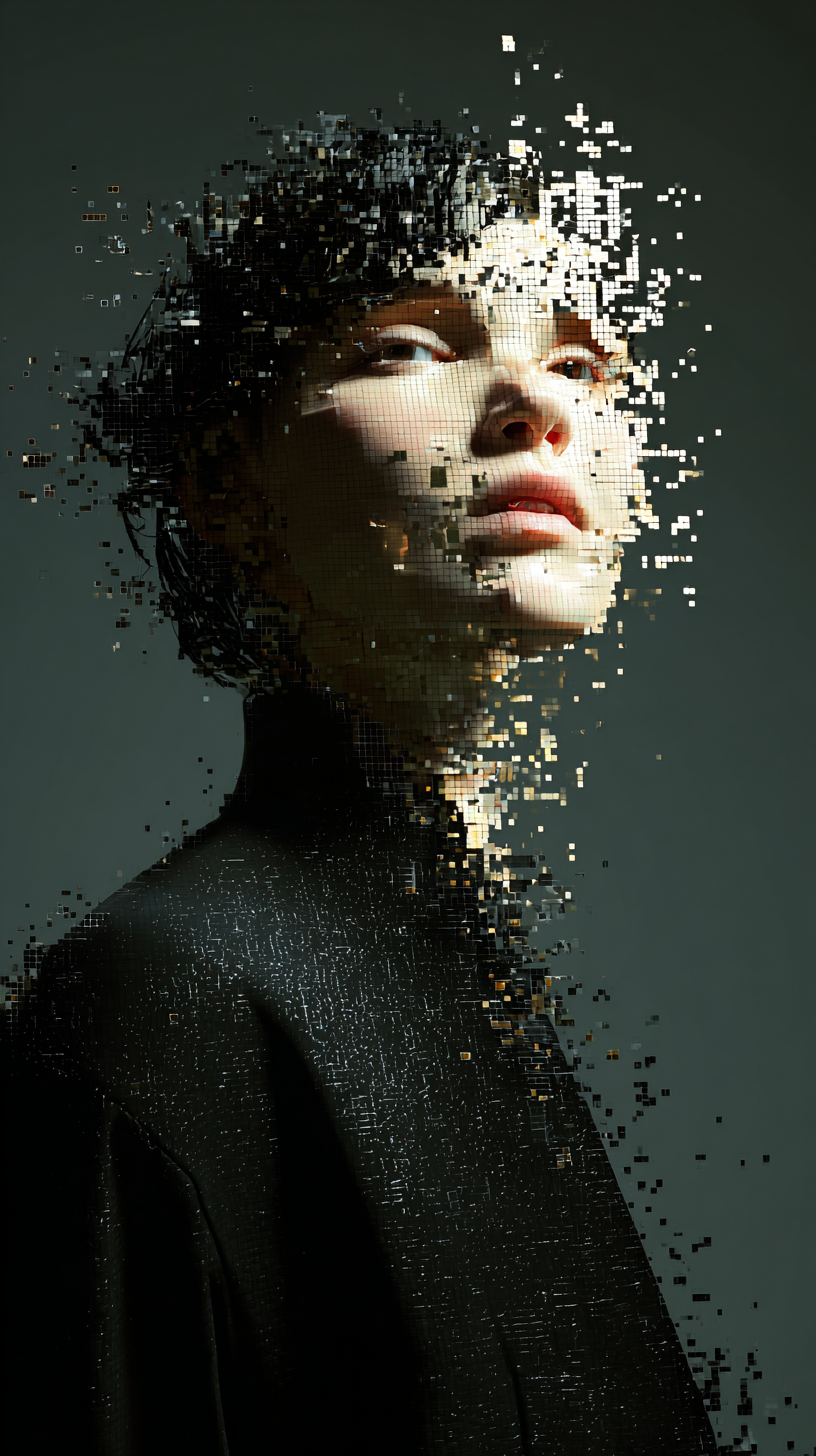 AI generated: Midjourney Shatter prompt: portrait of a woman, front shot, gaze, avant-garde... (Midjourney Shatter - Portraits)