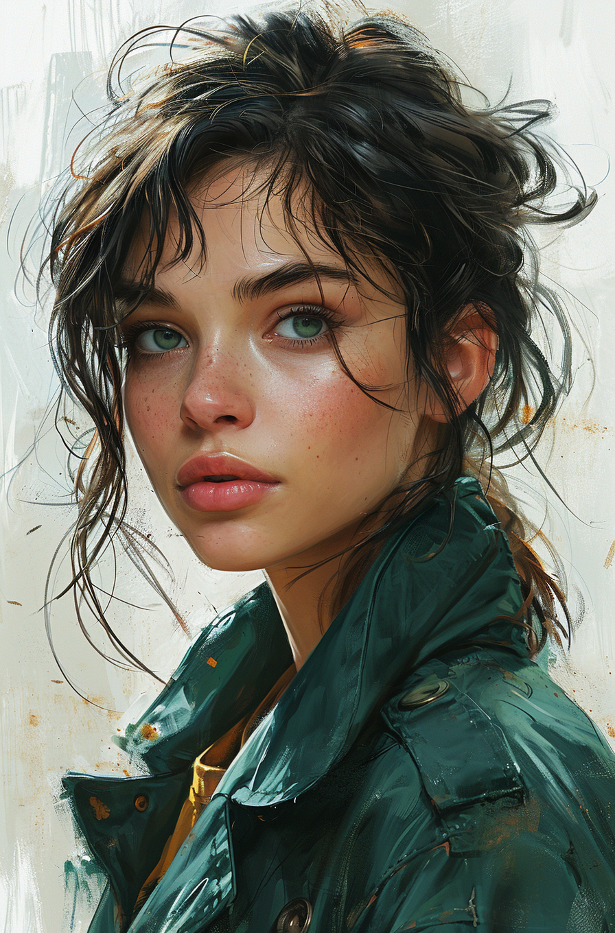 AI generated: Midjourney prompt: a woman in a green coat looking at the camera, in ... (Midjourney - Portraits)