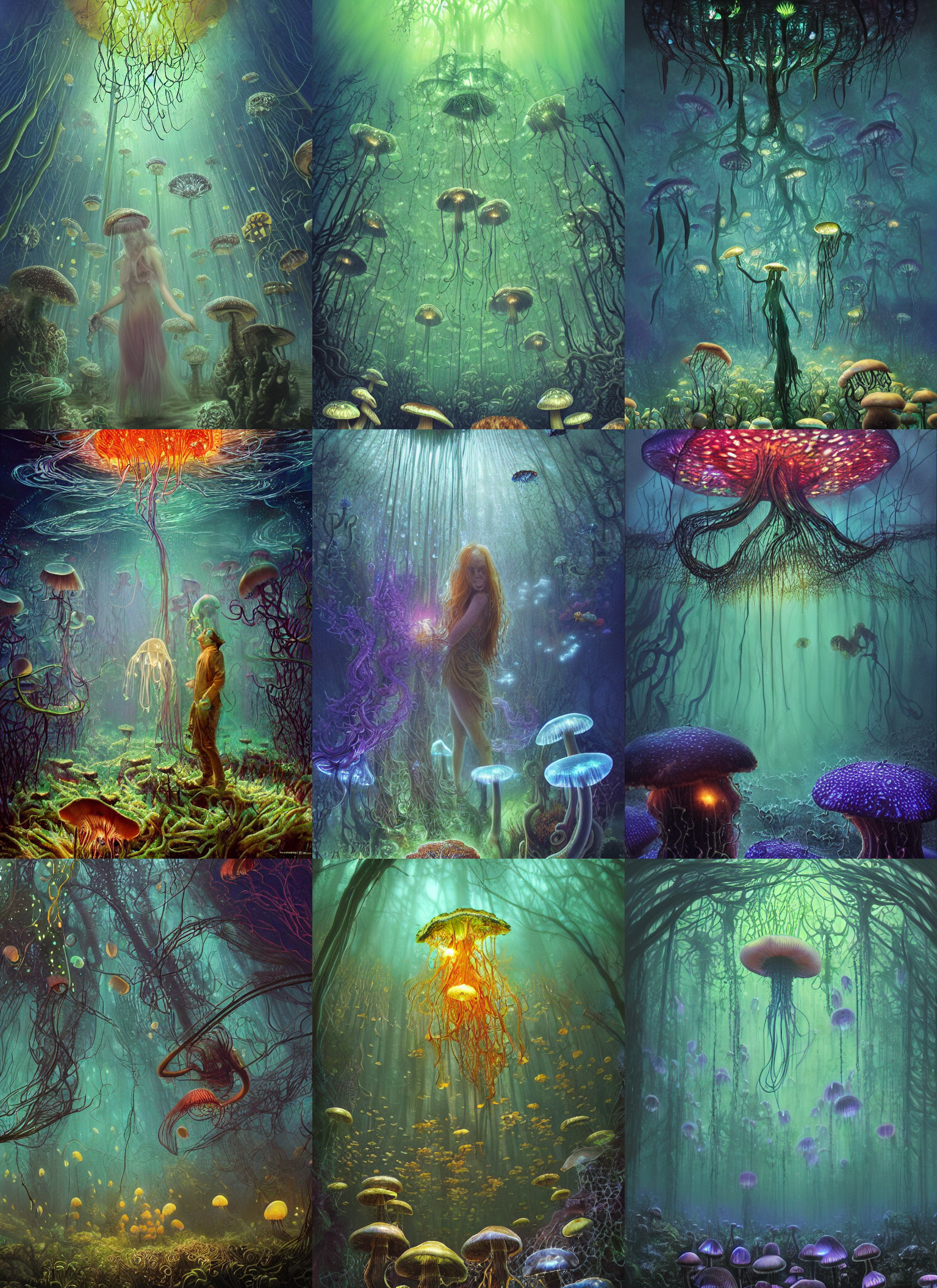 Stable Diffusion prompt: underwater jelly fish in a foggy...