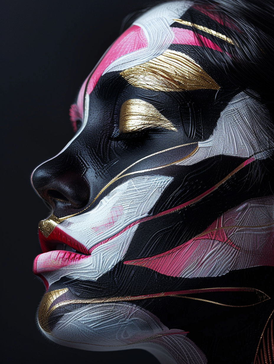 Midjourney prompt: portrait of a woman, body art, black, pink, white,... - Midjourney