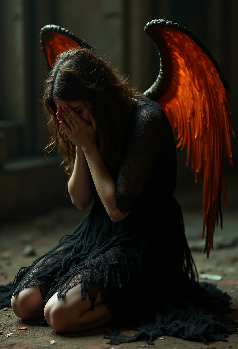 AI generated: FLUX prompt: a depressed gothic female angel with electric oran... (FLUX - Photography)