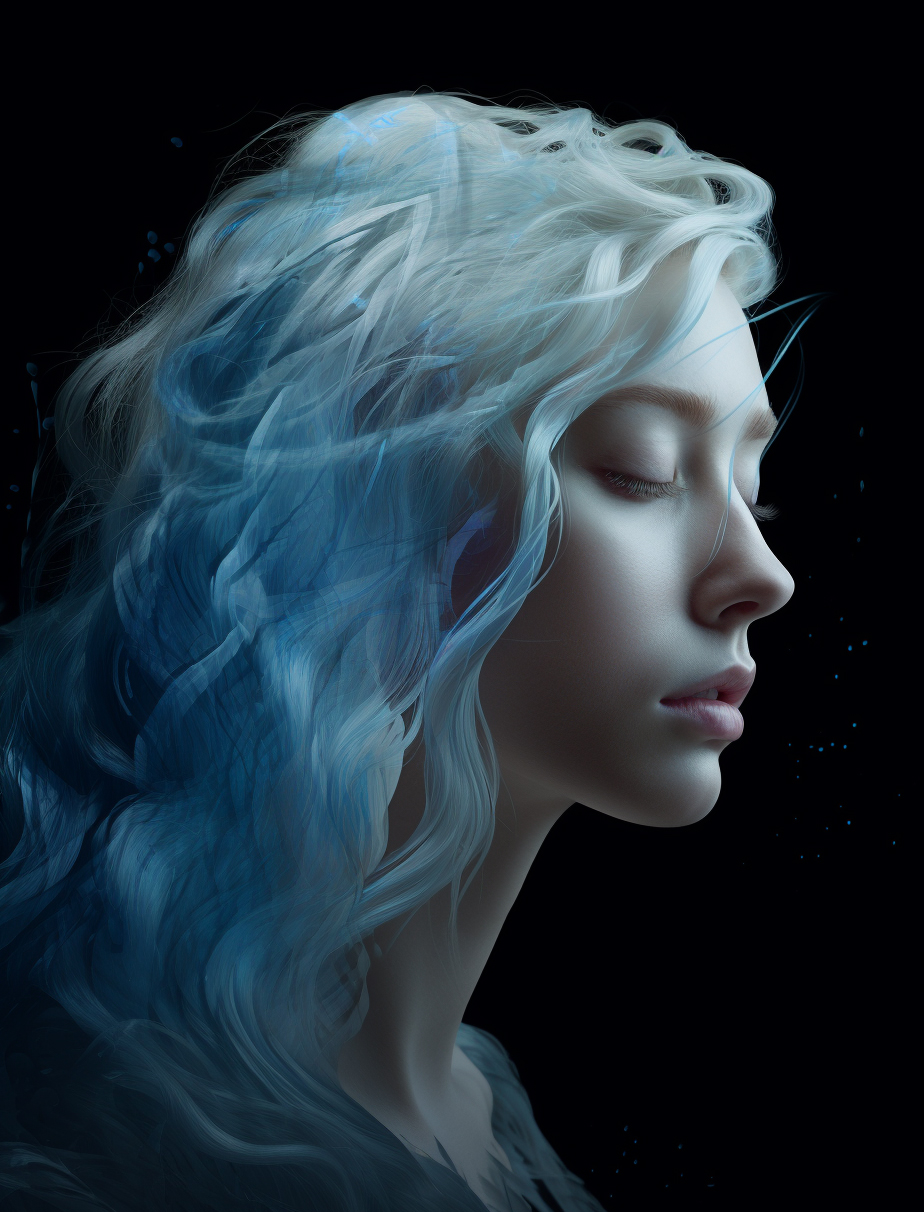 صورة مولدة بالذكاء الاصطناعي: Midjourney prompt: a close up of a person with blue hair, a digital r... (نموذج Midjourney - صور شخصية)