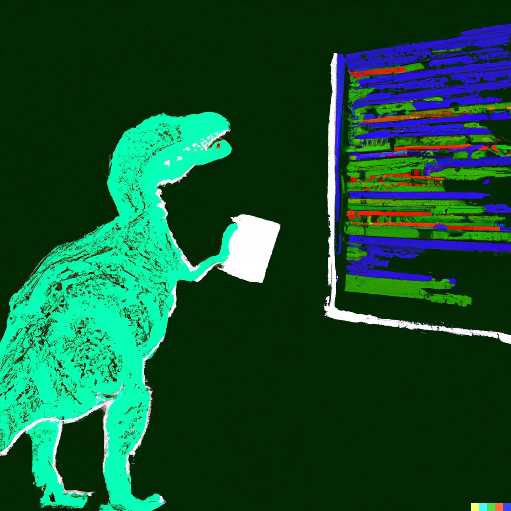 DALL-E prompt: A dinosaur programming abstract art