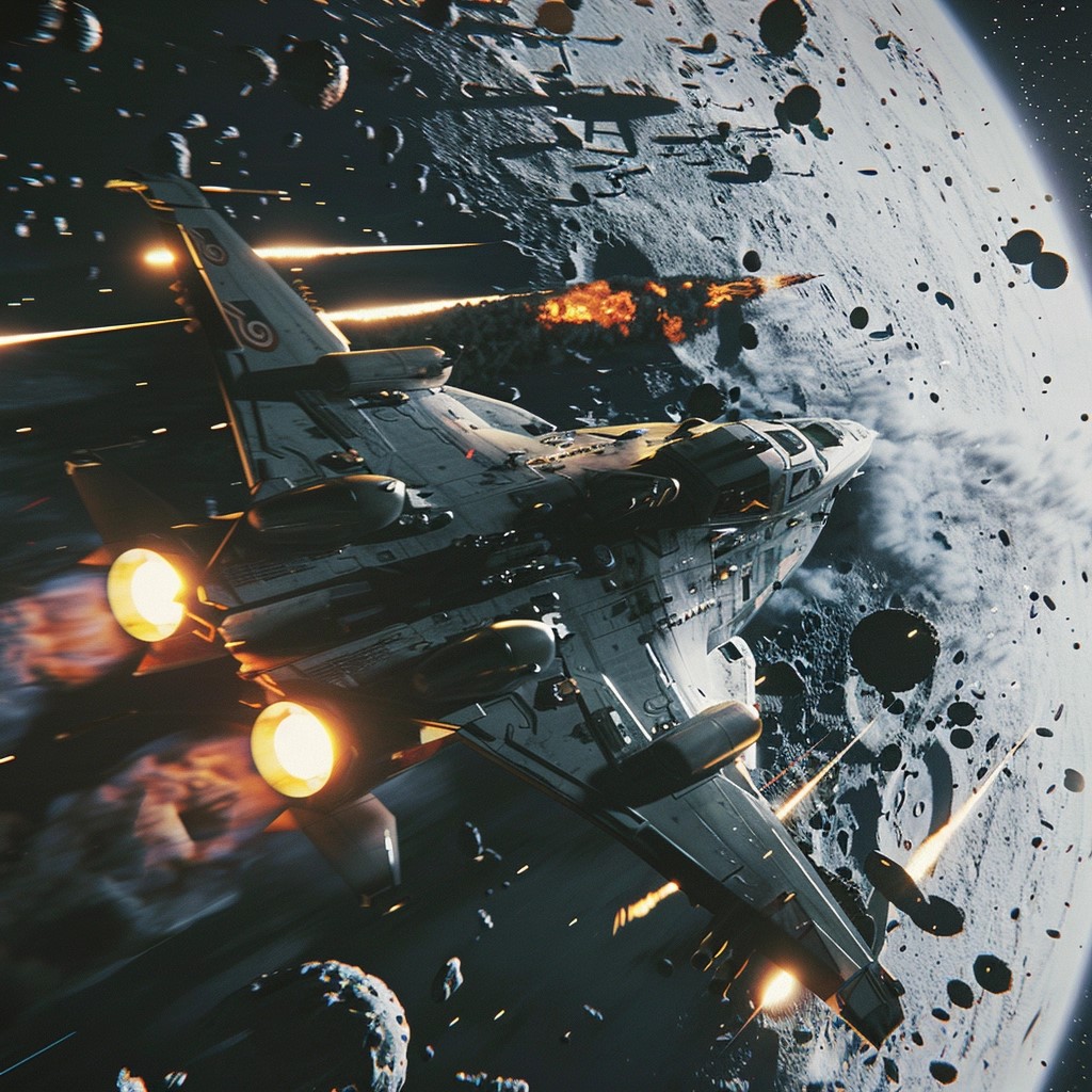 AI generated: Midjourney prompt: scif space fighters in a dogfight over a airless... (Midjourney - Concept Art)