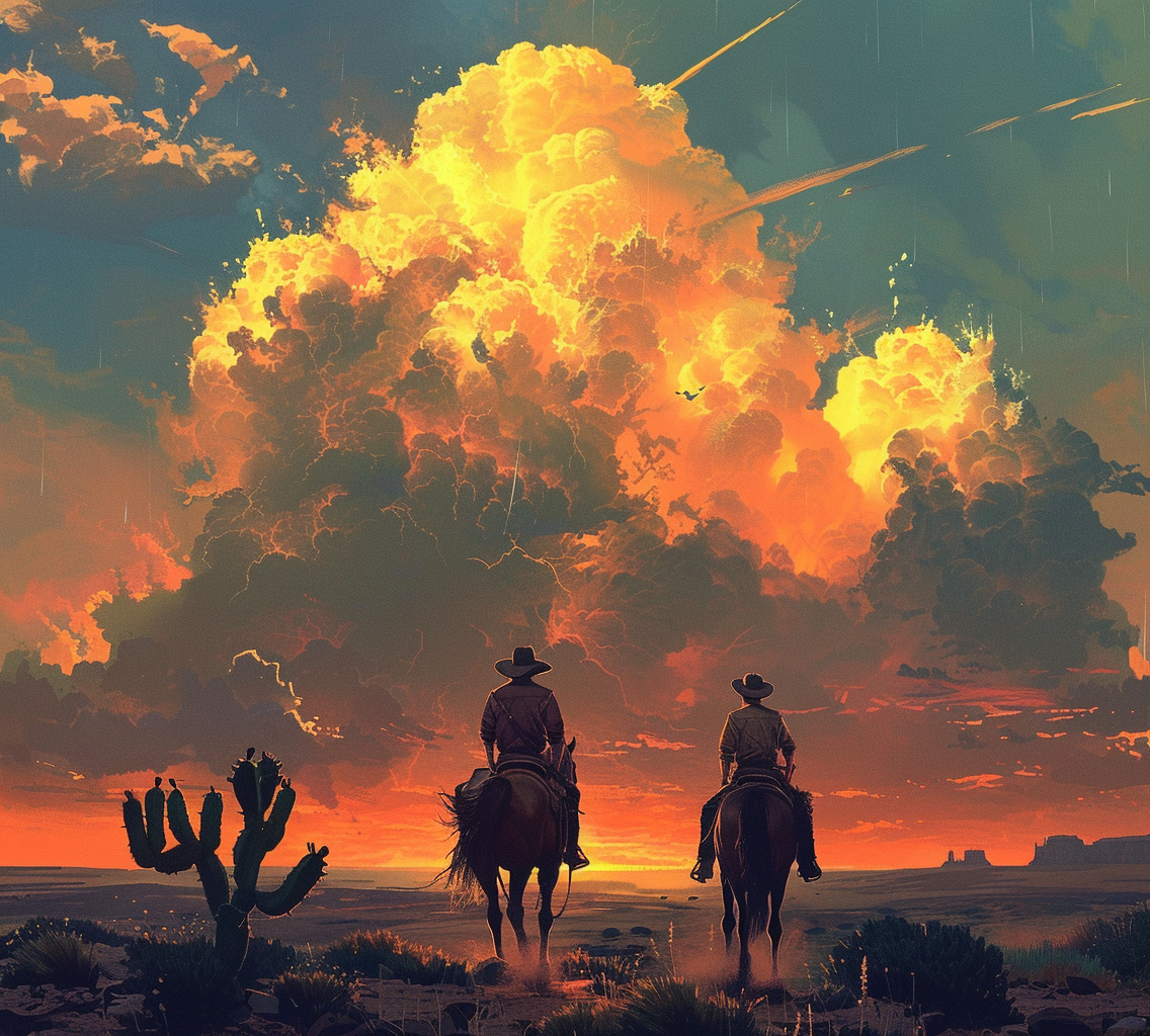 AI generated: Midjourney prompt: Two cowboys on horseback in the desert, with massi... (Midjourney - Landscapes)