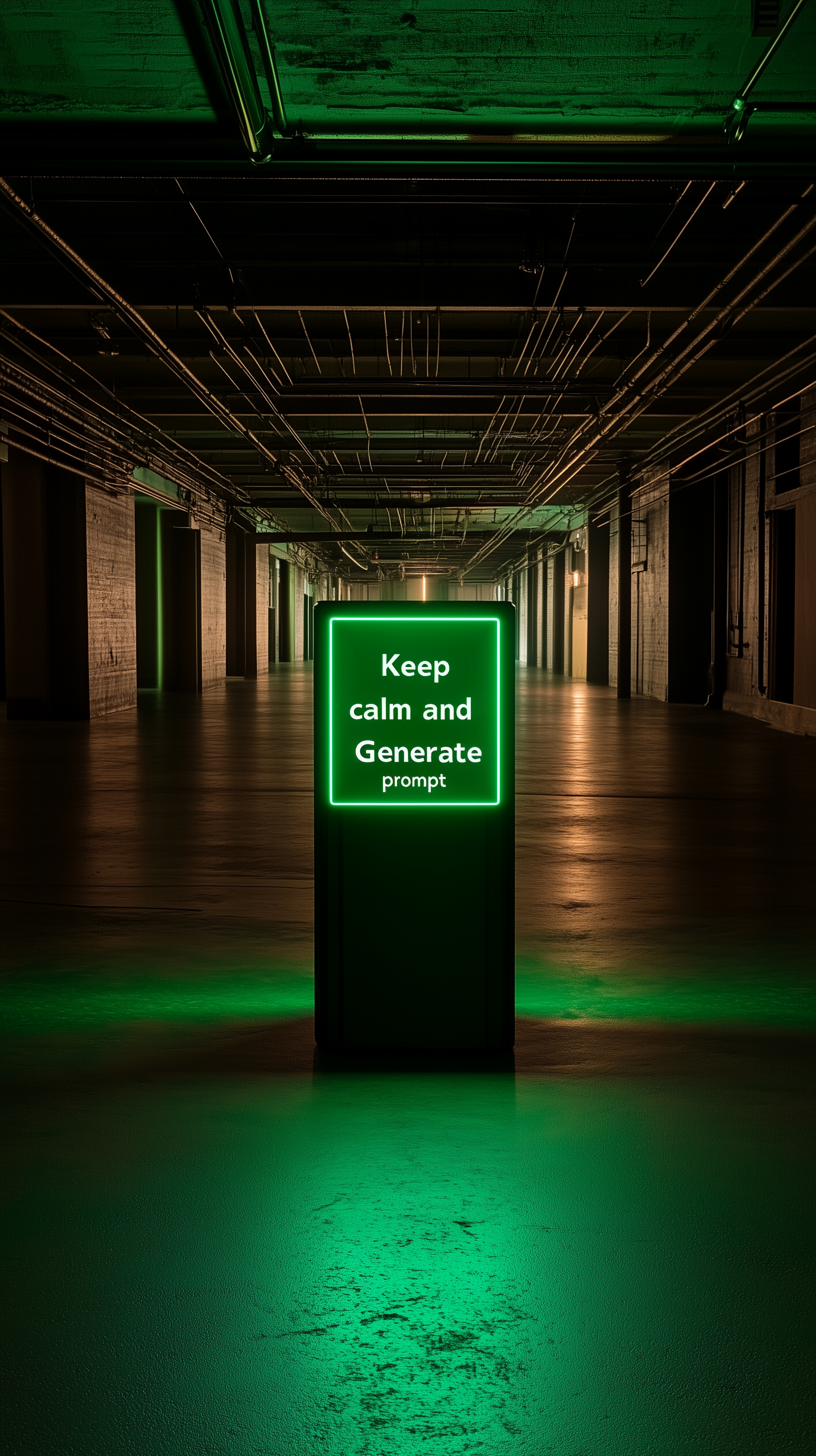 صورة مولدة بالذكاء الاصطناعي: Midjourney prompt: green light box with the words "Keep calm and Gene... (نموذج Midjourney - تصميم داخلي)