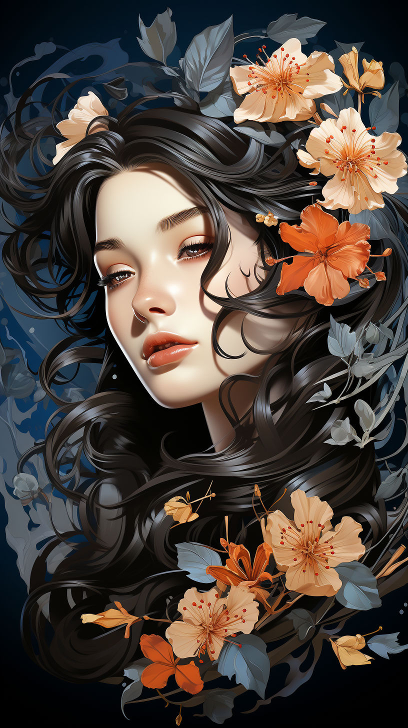 صورة مولدة بالذكاء الاصطناعي: Midjourney prompt: an illustration of a woman's face with flowers on ... (نموذج Midjourney - صور شخصية)