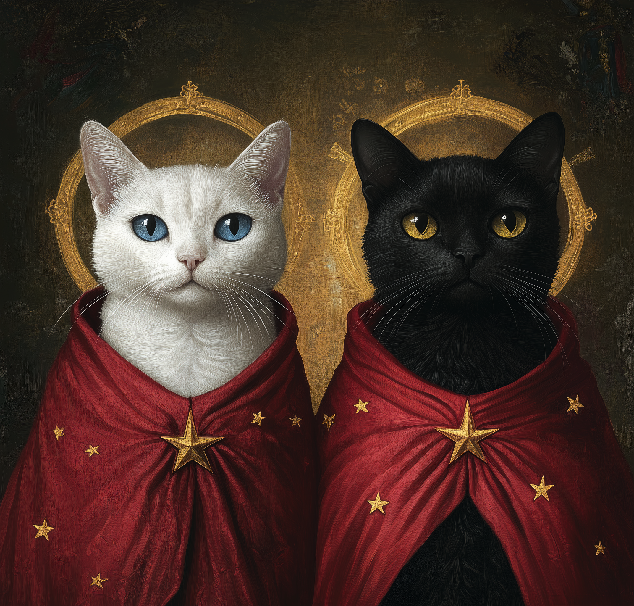 Midjourney prompt: Two cats depicted as saints in the style of an oil... - Midjourney