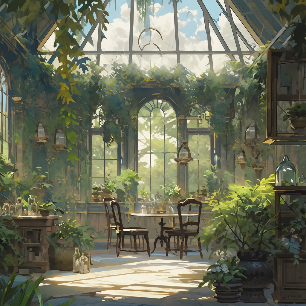Midjourney prompt: An abandoned Victorian greenhouse overgrown with l... - Midjourney