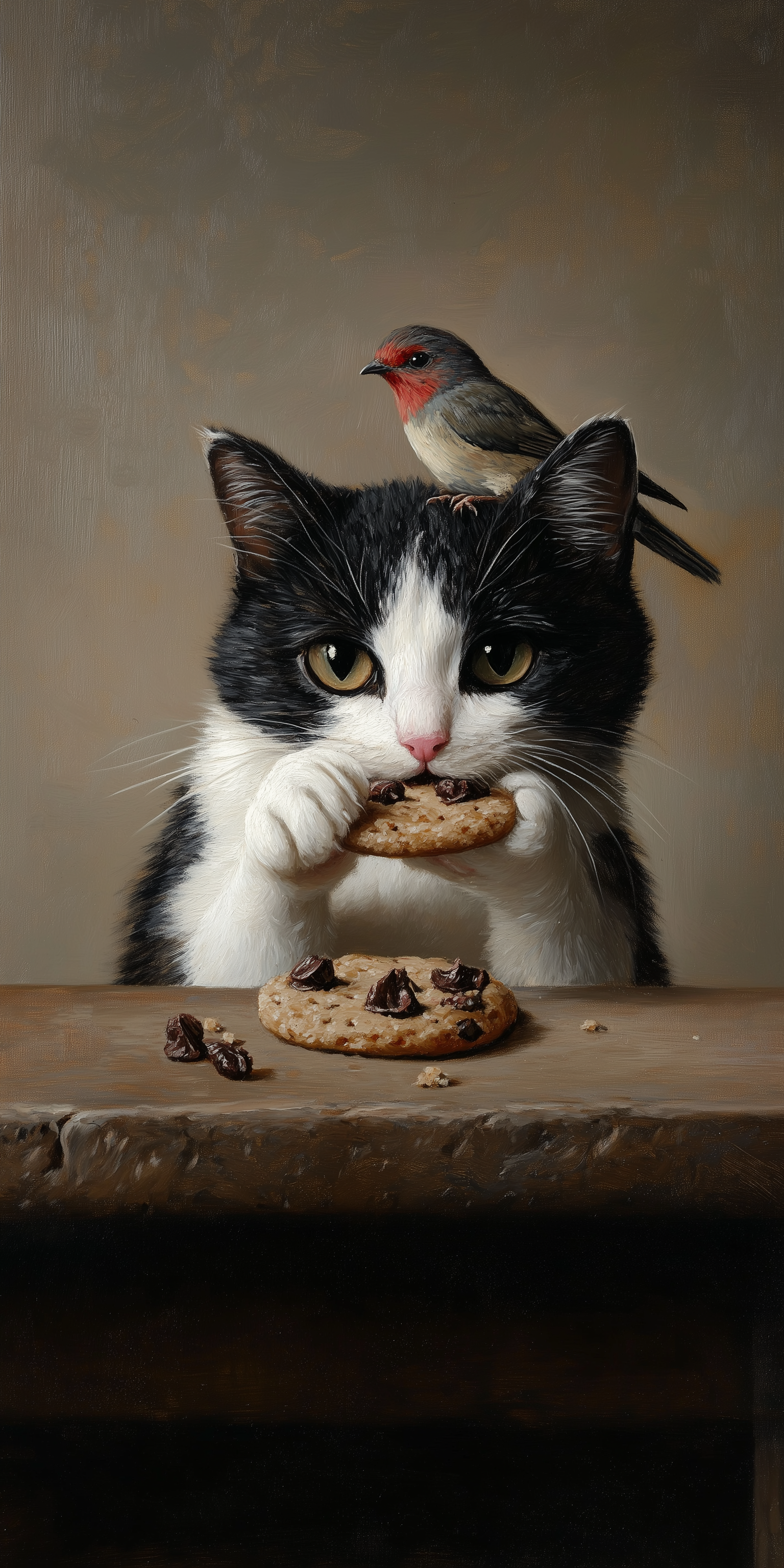 AI generated: Midjourney prompt: Oil painting of a black and white cat eating a coo... (Midjourney - Animals & Nature)