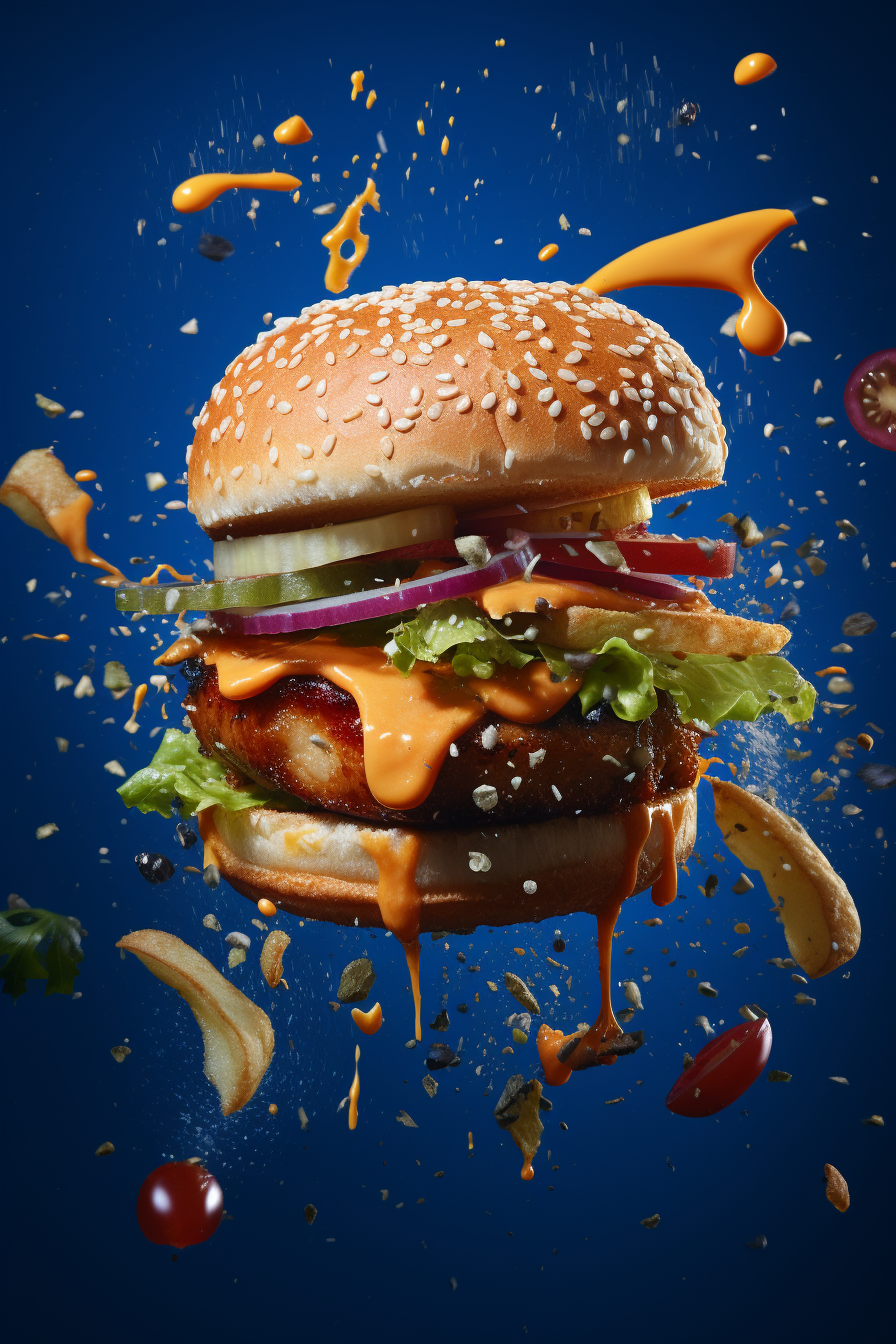 AI generated: Midjourney prompt: Flying food photography with [Two Burgers] as the ... (Midjourney - Landscapes)