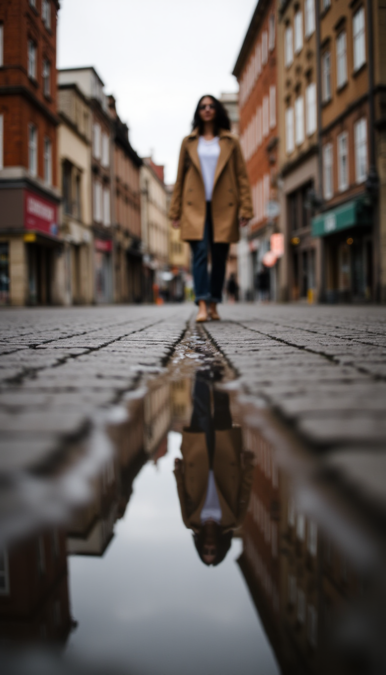 صورة مولدة بالذكاء الاصطناعي: FLUX prompt: walking woman in a trenchcoat is reflected in a pu... (نموذج FLUX - تصوير فوتوغرافي)