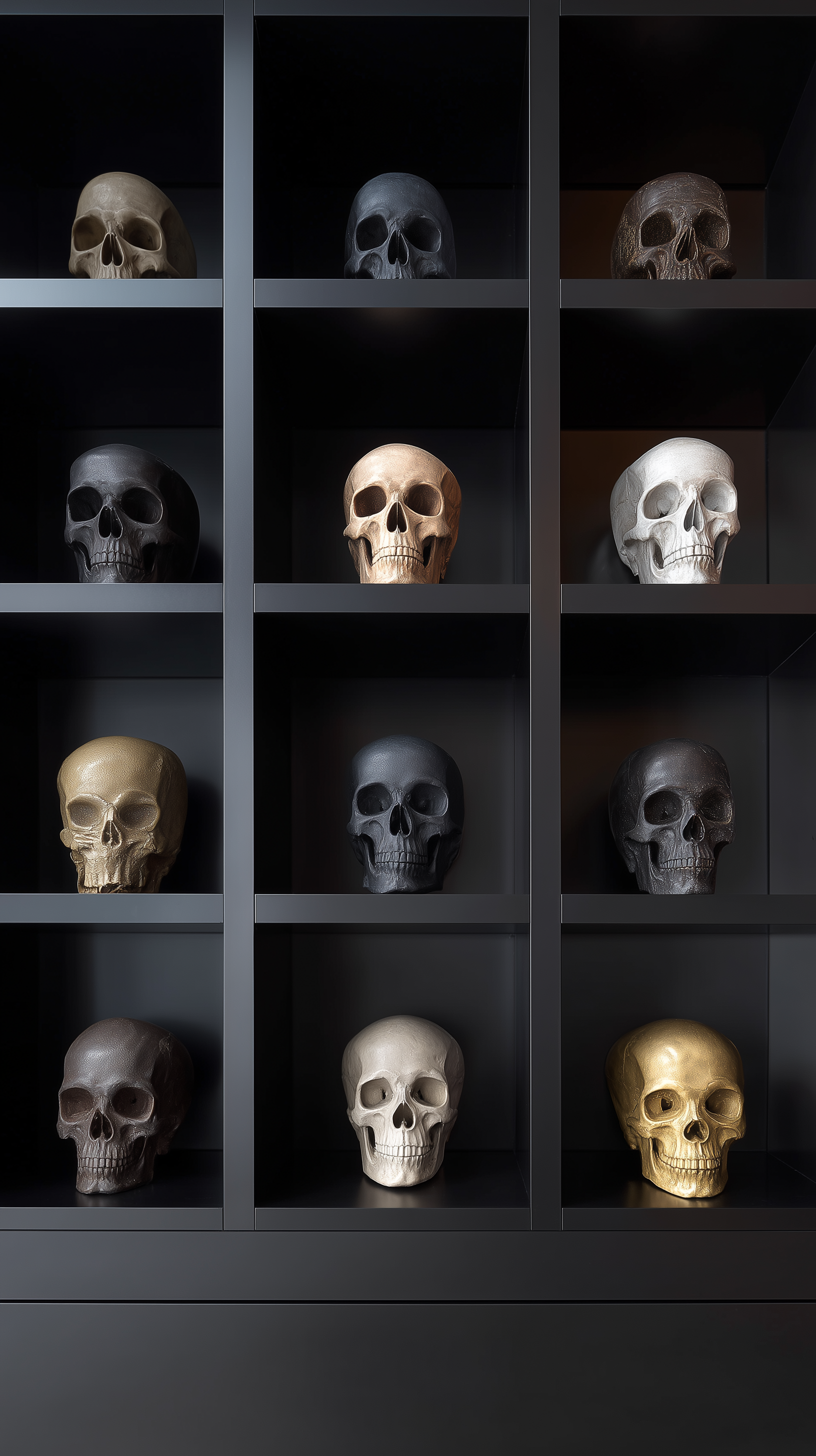 AI generated: Midjourney prompt: photography, 12 iconic skull head displayed in a 3... (Midjourney - Interior Design)