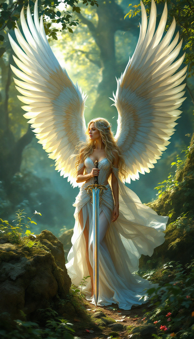 FLUX prompt: woman with wings and a sword standing in the...
