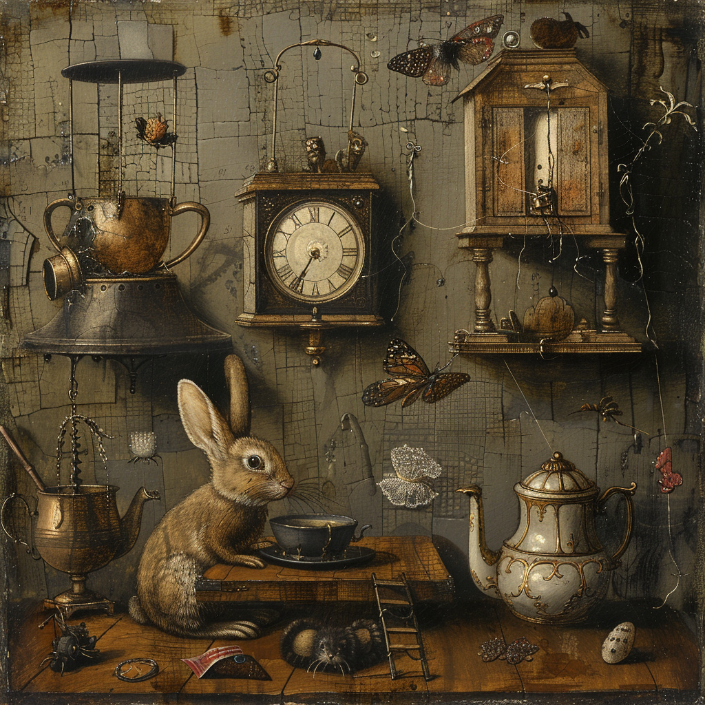 Midjourney prompt: Work of art Alice in Wonderland, small objects: ra... - Midjourney