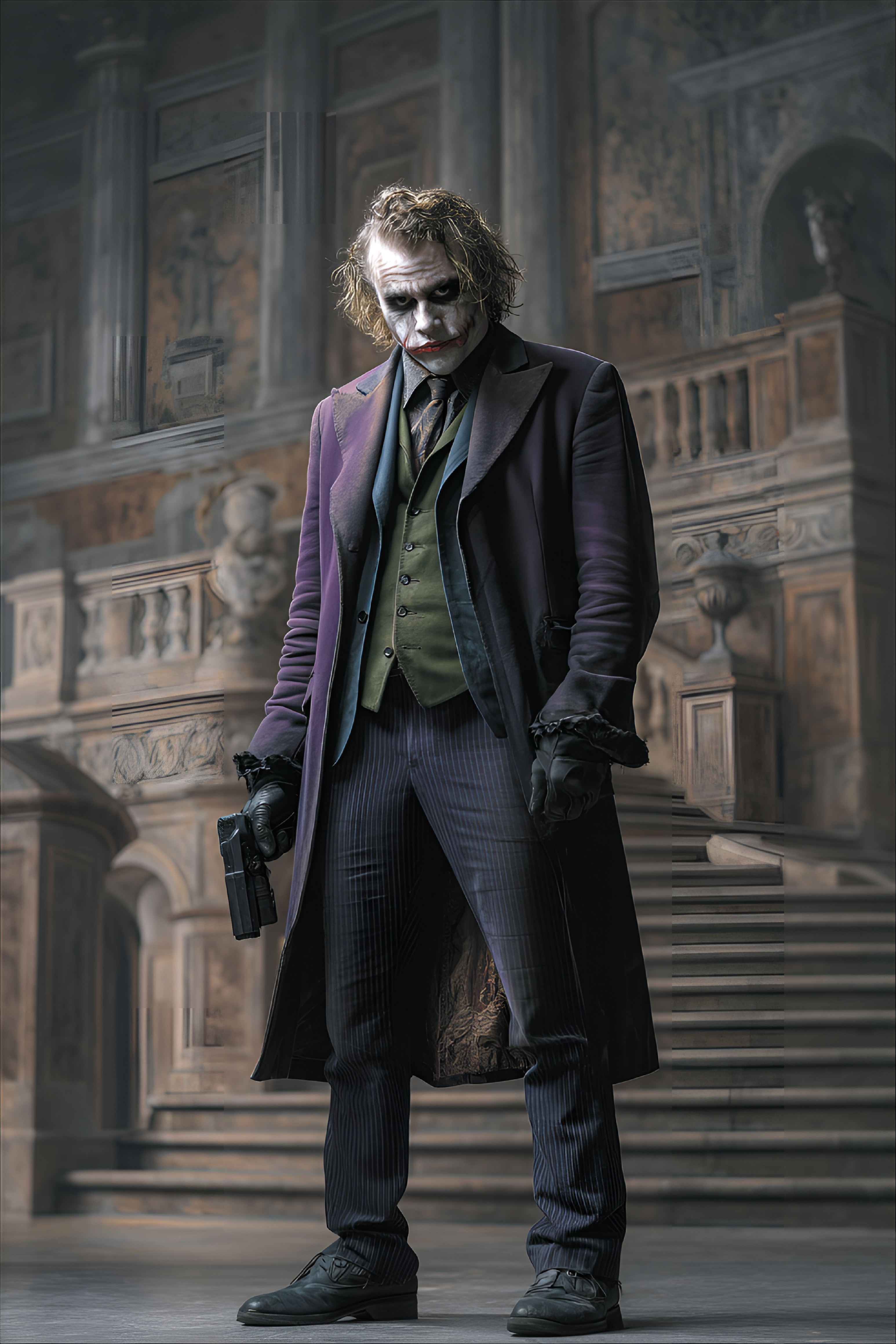 صورة مولدة بالذكاء الاصطناعي: Midjourney prompt: male, Caucasian, adult, portrays the Joker charact... (نموذج Midjourney - عمارة وتصميم)