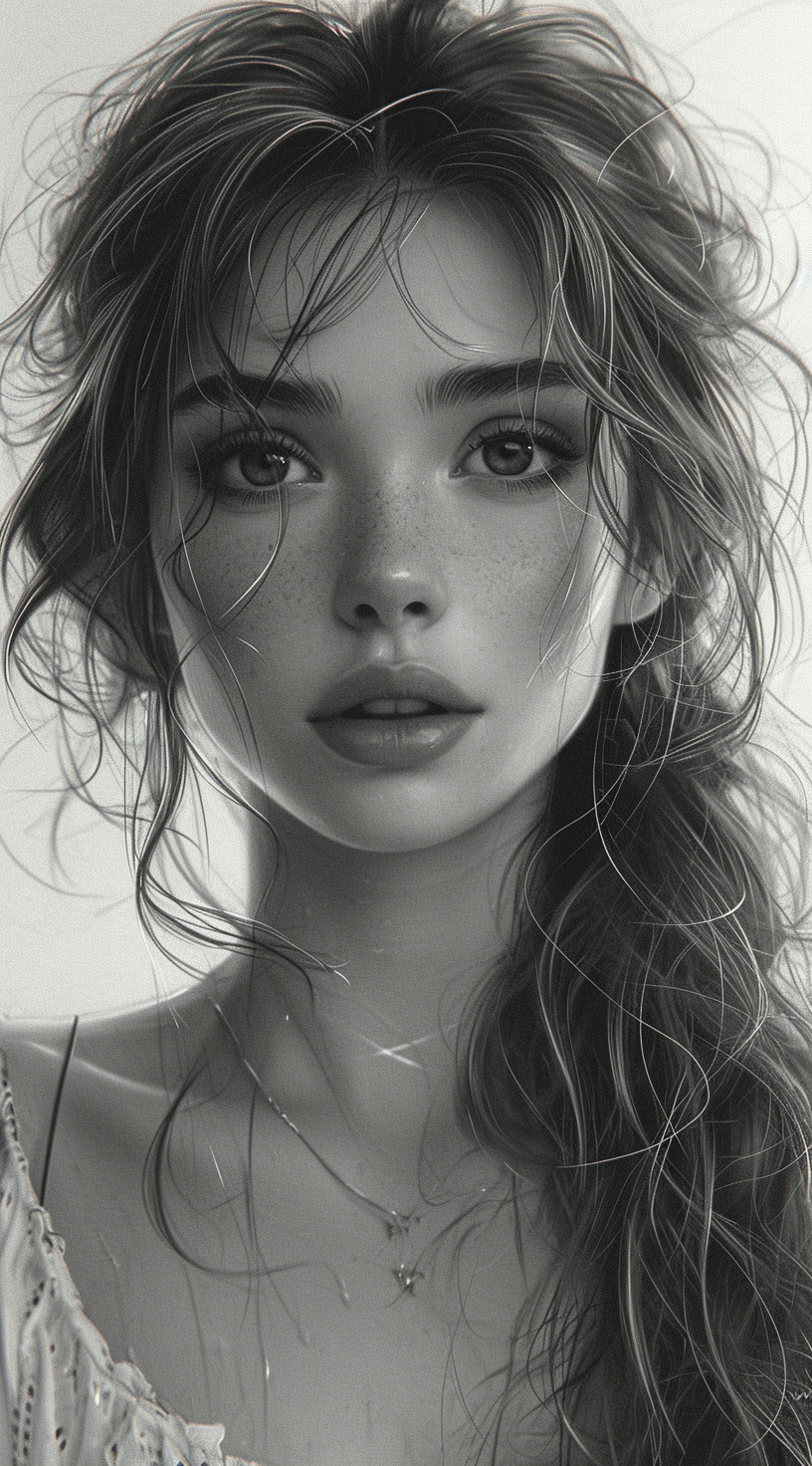 Midjourney prompt: drawing of a girl with long hair and big eyes, in ... - Midjourney