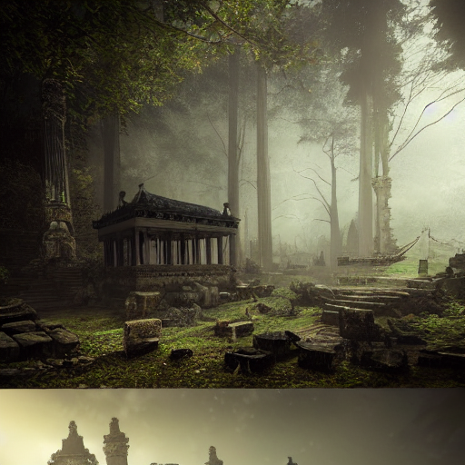 Stable Diffusion prompt: temple in ruines, forest, stairs...