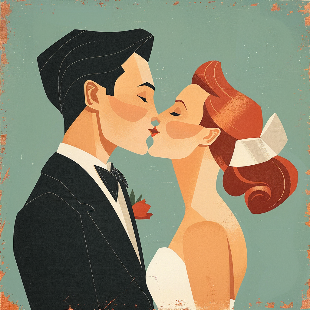 AI generated: Midjourney prompt: An illustration of Wedding couple, kissing, style ... (Midjourney - Concept Art)