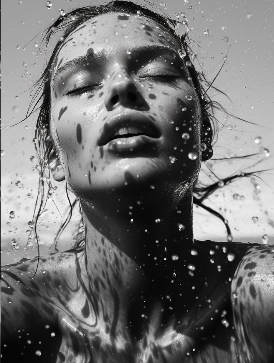 AI generated: Midjourney prompt: a black and white photo of a woman in the water, m... (Midjourney - Photography)