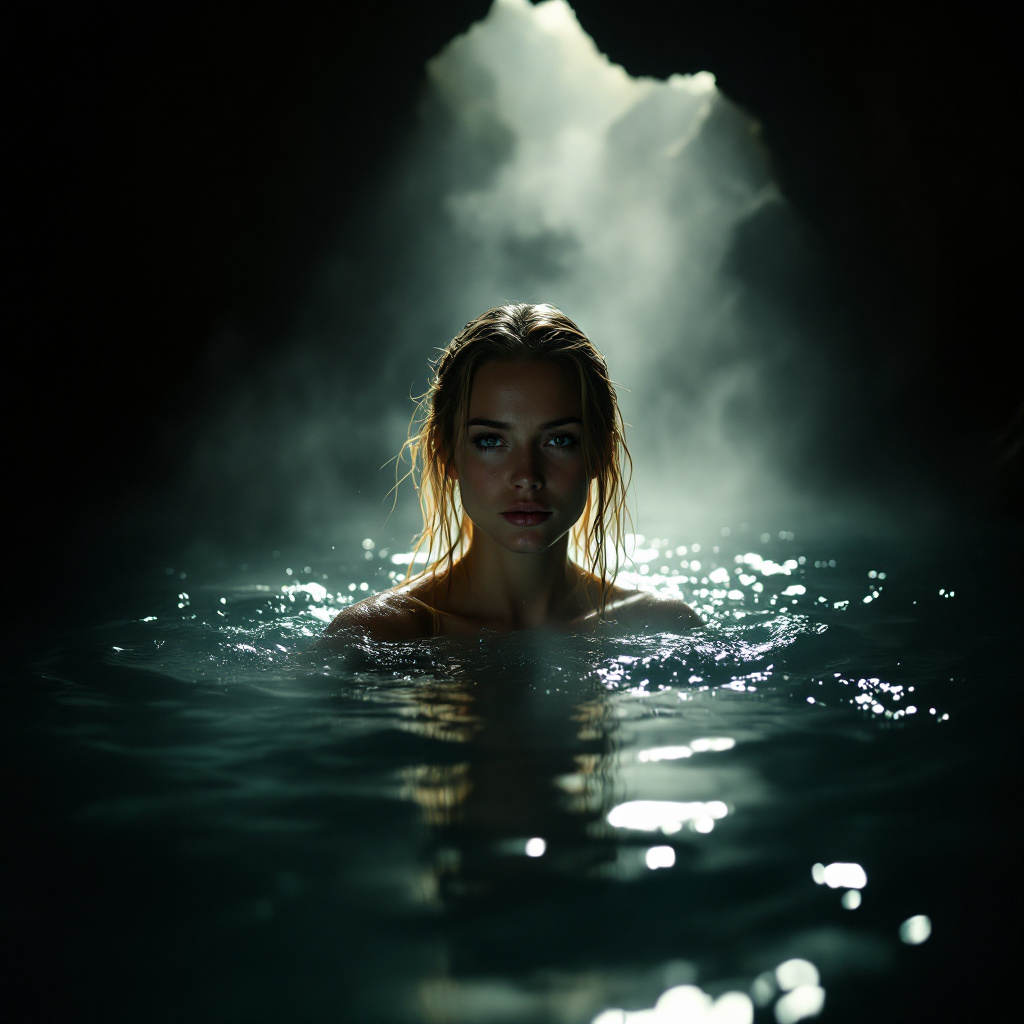 AI generated: FLUX prompt: hot spring inside a dimly lit cave, steam rises fr... (FLUX - Portraits)