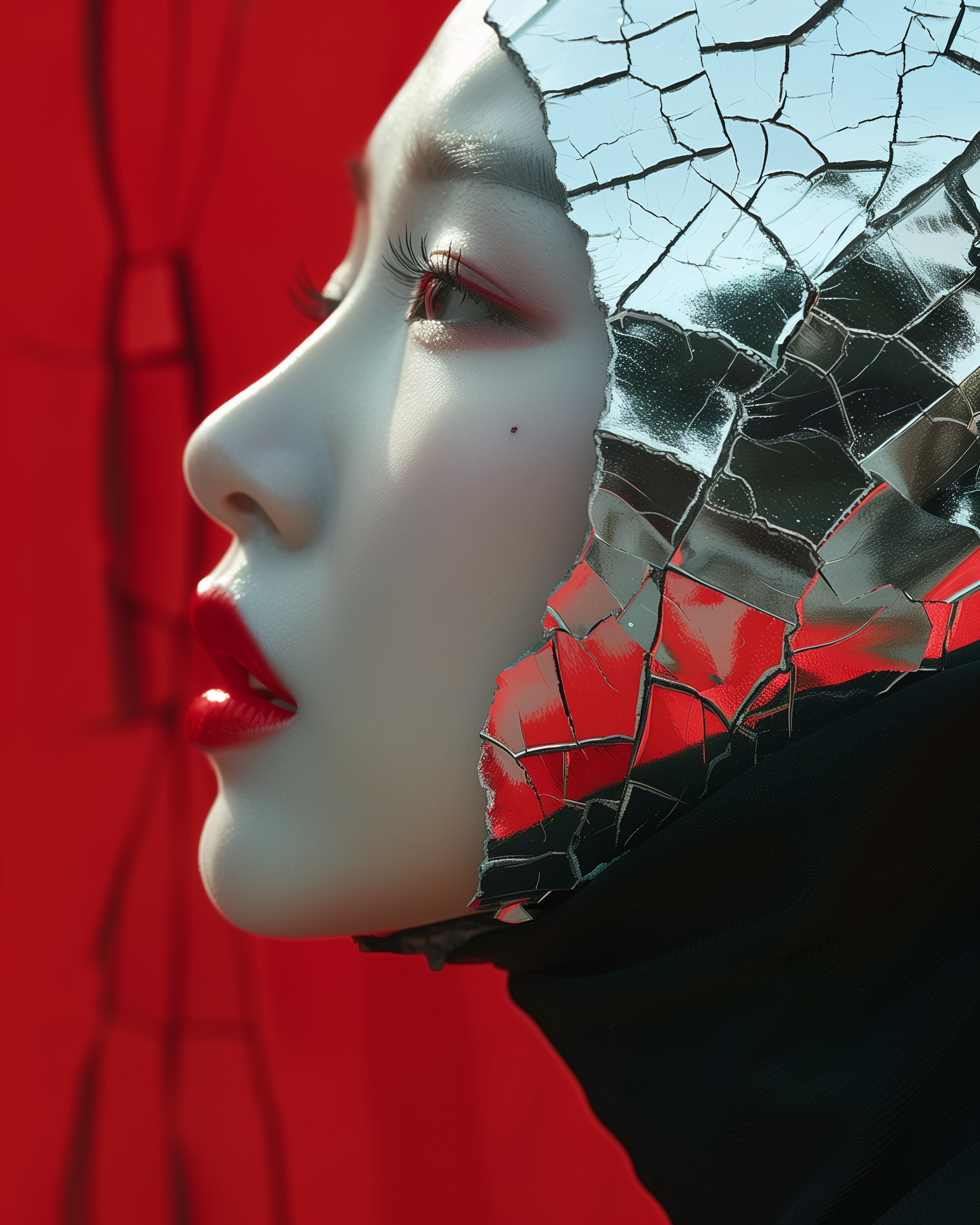 Midjourney prompt: A portrait of an Asian woman with porcelain skin, ... - Midjourney