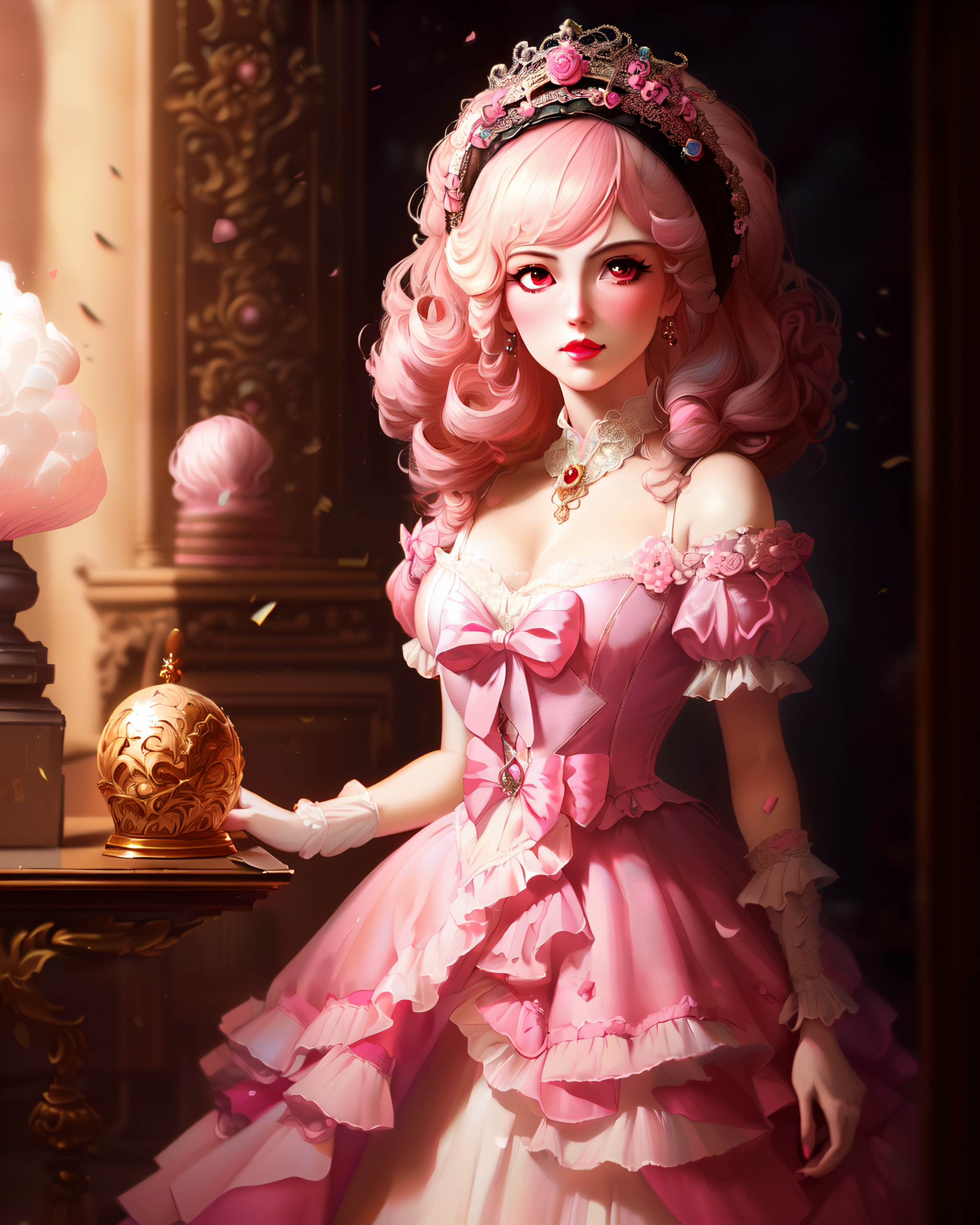 Stable Diffusion prompt: a woman with pink hair and a pin...