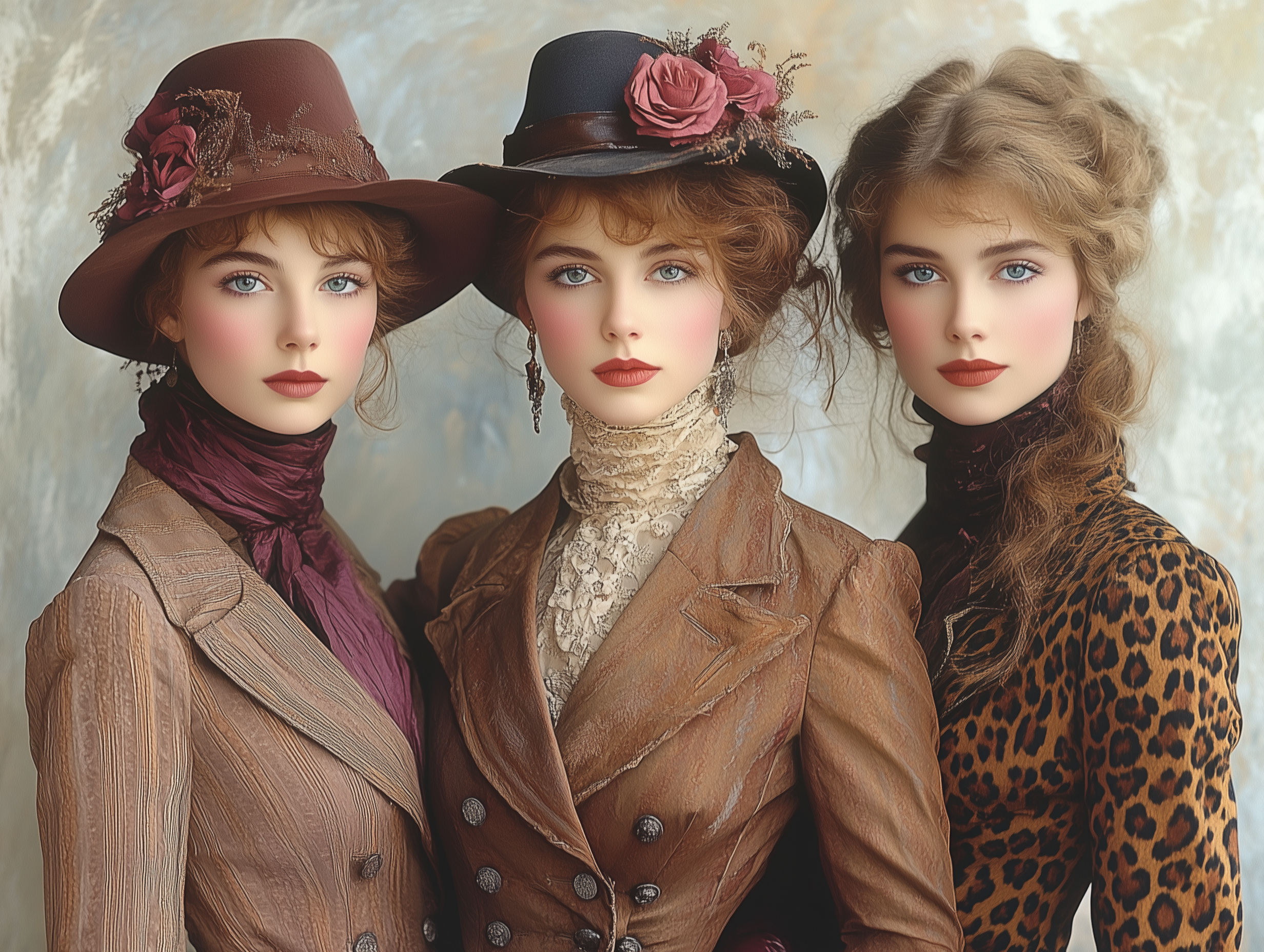 Midjourney prompt: Three women in vintage fashion attire, clipart on ... - Midjourney