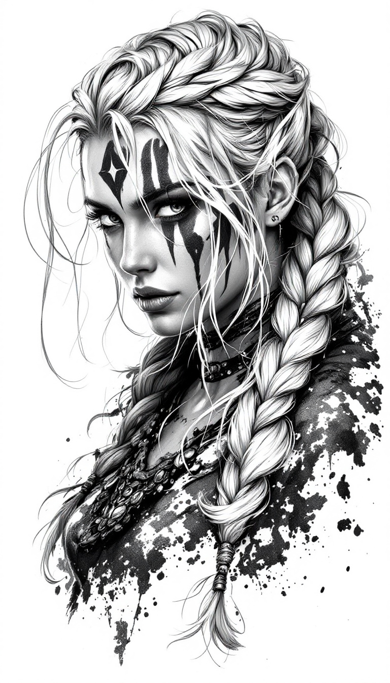 FLUX prompt: black and white drawing of a Viking warrior woman ... - FLUX