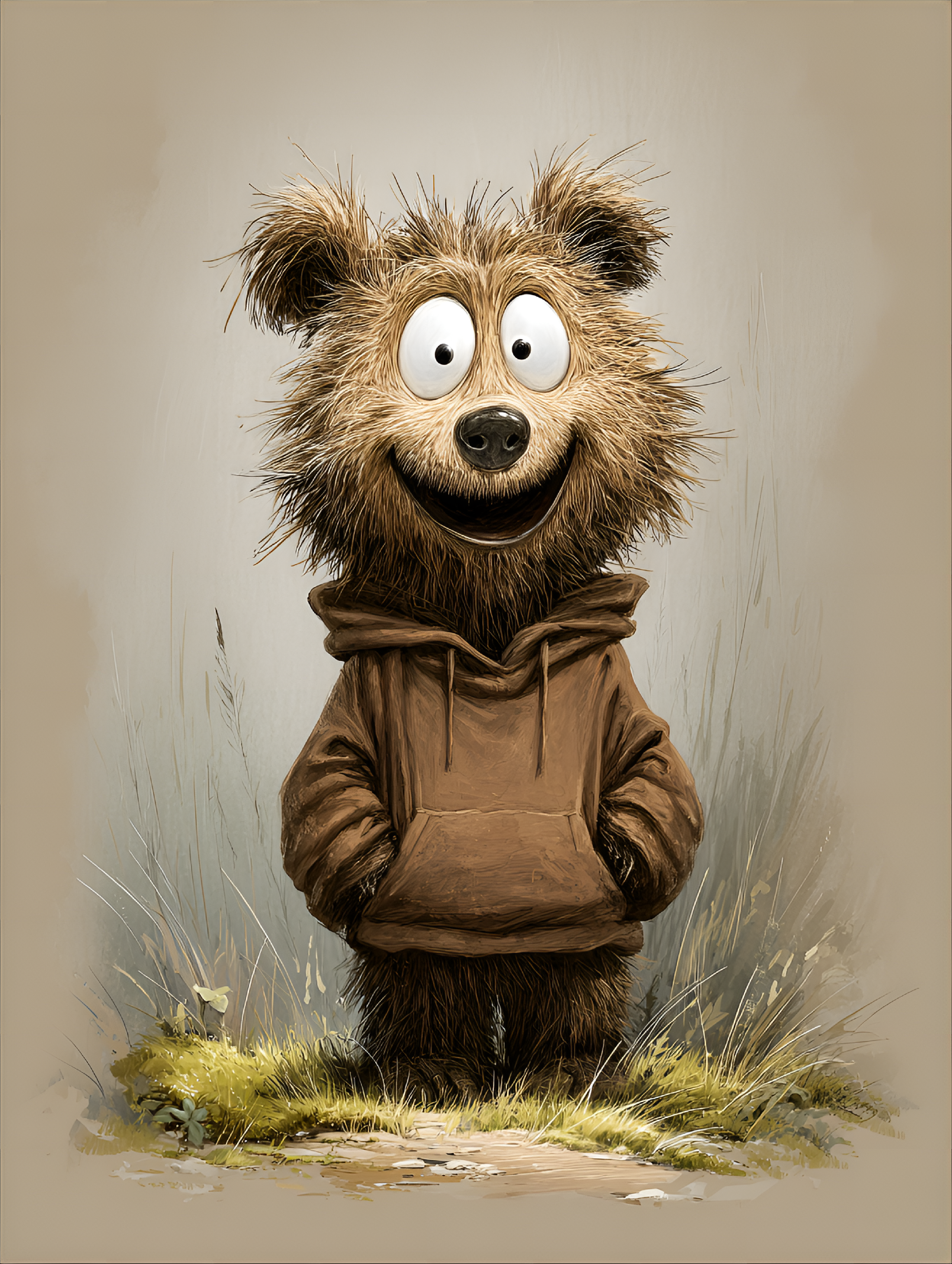Midjourney prompt: funny caricature, wild bear caricature, young bear... - Midjourney