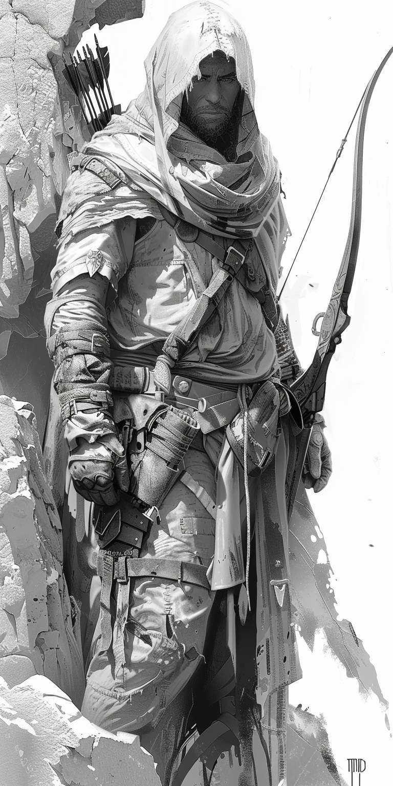 AI generated: Midjourney prompt: A line-art coloring page of a weathered Ranger hol... (Midjourney - Character Design)