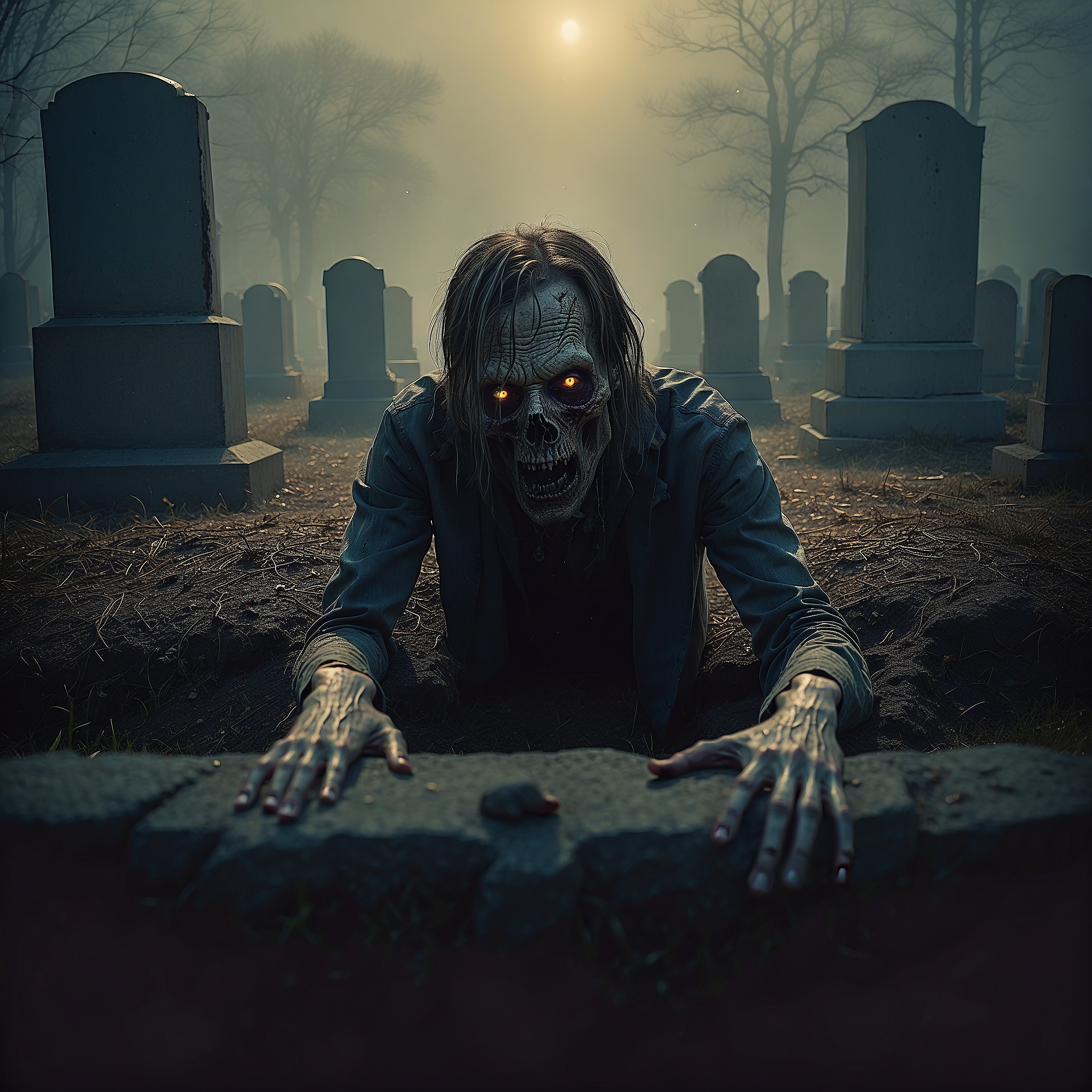 AI generated: Stable Diffusion prompt: Zombie is crawling from his grave,cemetry,ultra hi... (Stable Diffusion - Portraits)