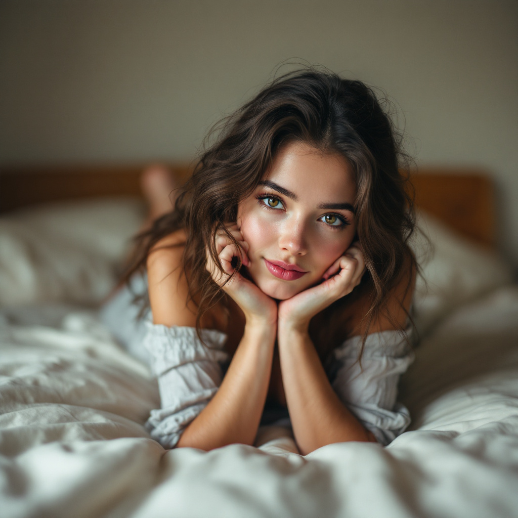 Tummy Rested FLUX prompt: girl laying on her bed on her stomach , fac...