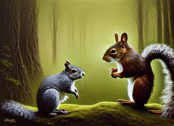 Stable Diffusion prompt: photo, a squirrel fighting a rab...