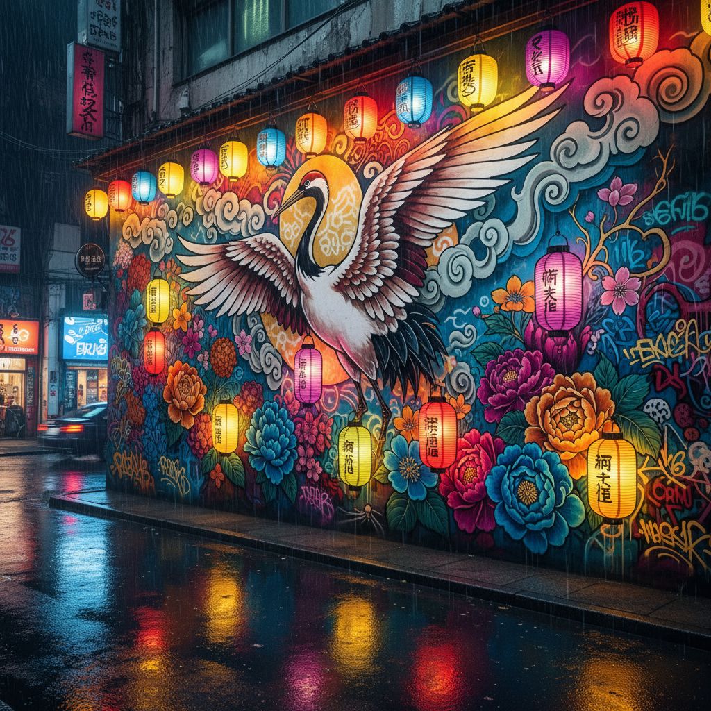 Nano Banana prompt: well-lit street scene mural with a japanese crane... - Nano Banana