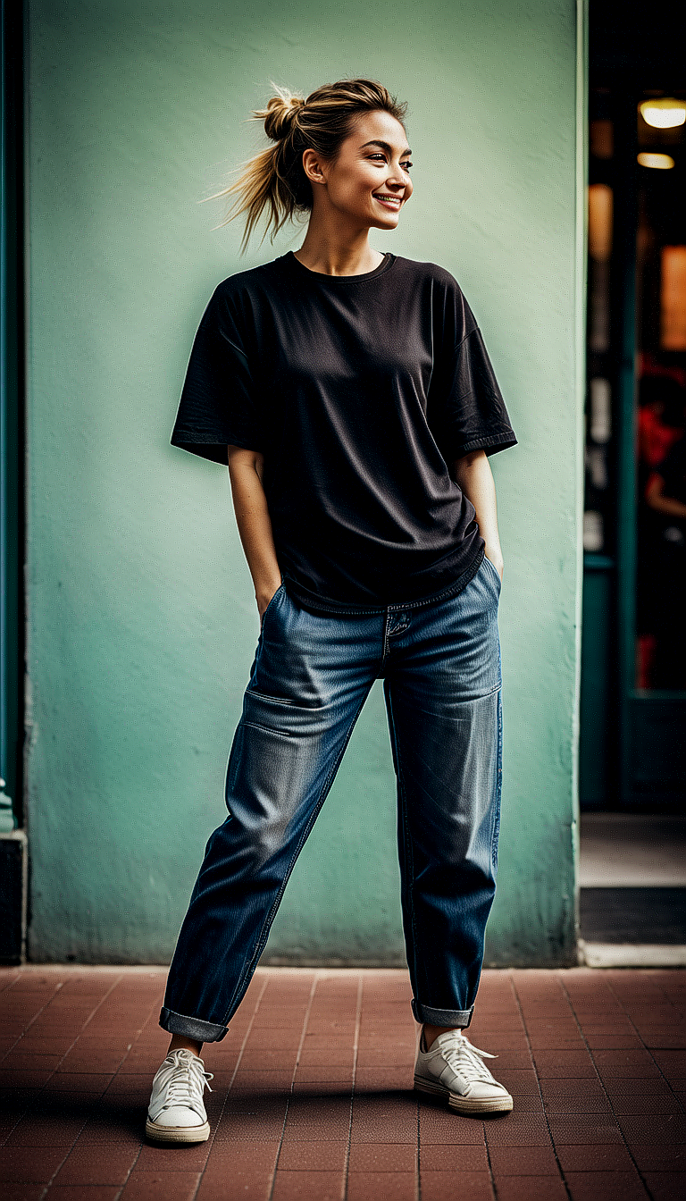 AI generated: Stable Diffusion prompt: The image features a woman standing on a sidewalk,... (Stable Diffusion - Photography)
