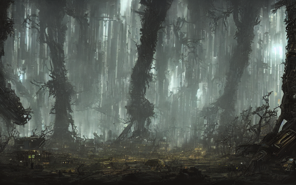 Stable Diffusion prompt: a dark forest where gears and el...