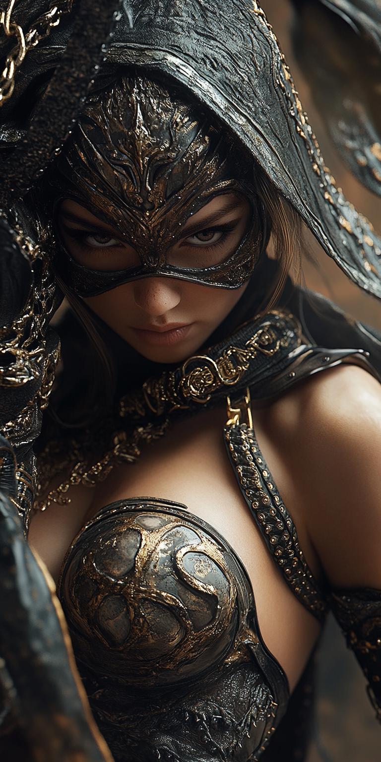 Midjourney prompt: Close-up portrait of a female warrior, wearing int... - Midjourney