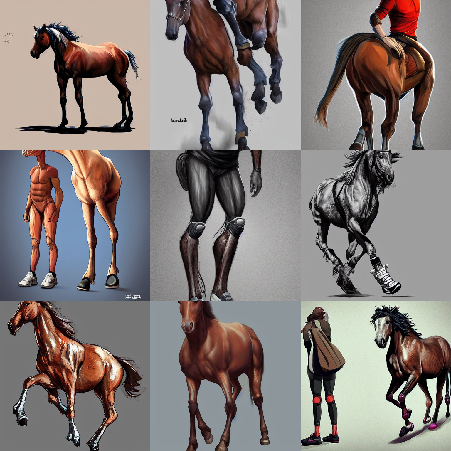 Stable Diffusion prompt: a horse wearing human front legs...