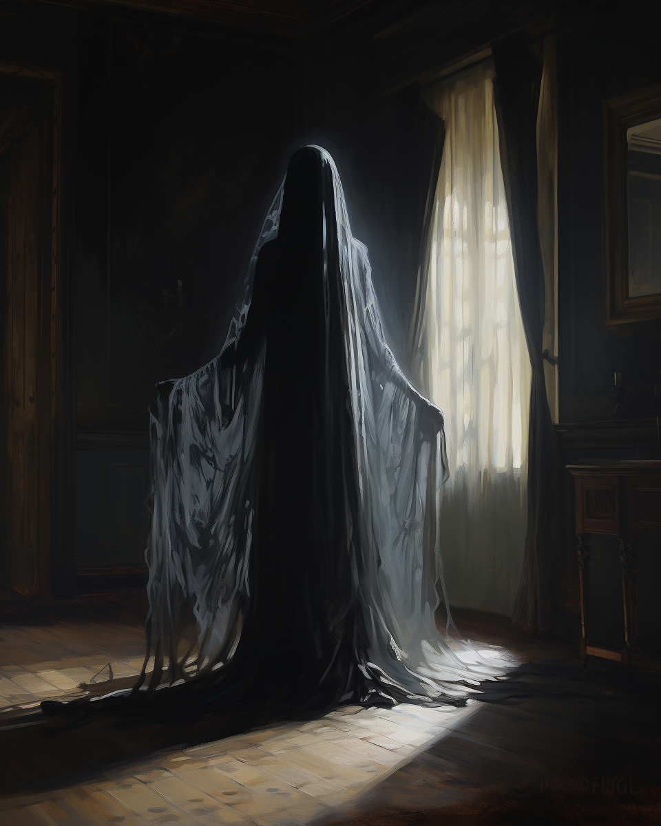 AI generated: Midjourney prompt: A painting of a tall and slender ghostly figure st... (Midjourney - Character Design)