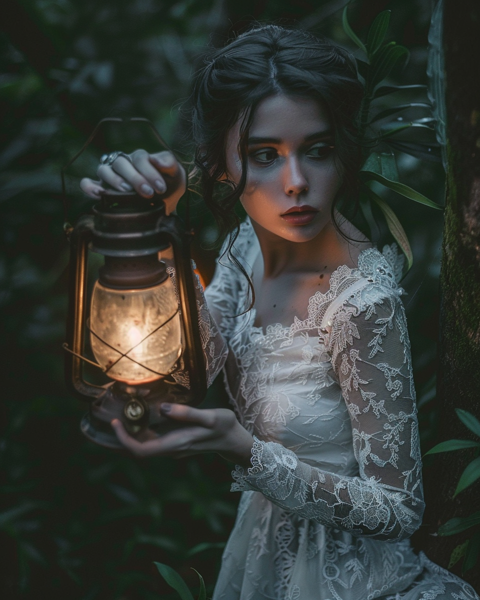 صورة مولدة بالذكاء الاصطناعي: Midjourney prompt: a photo of woman in white lace dress holding an ol... (نموذج Midjourney - تصوير فوتوغرافي)
