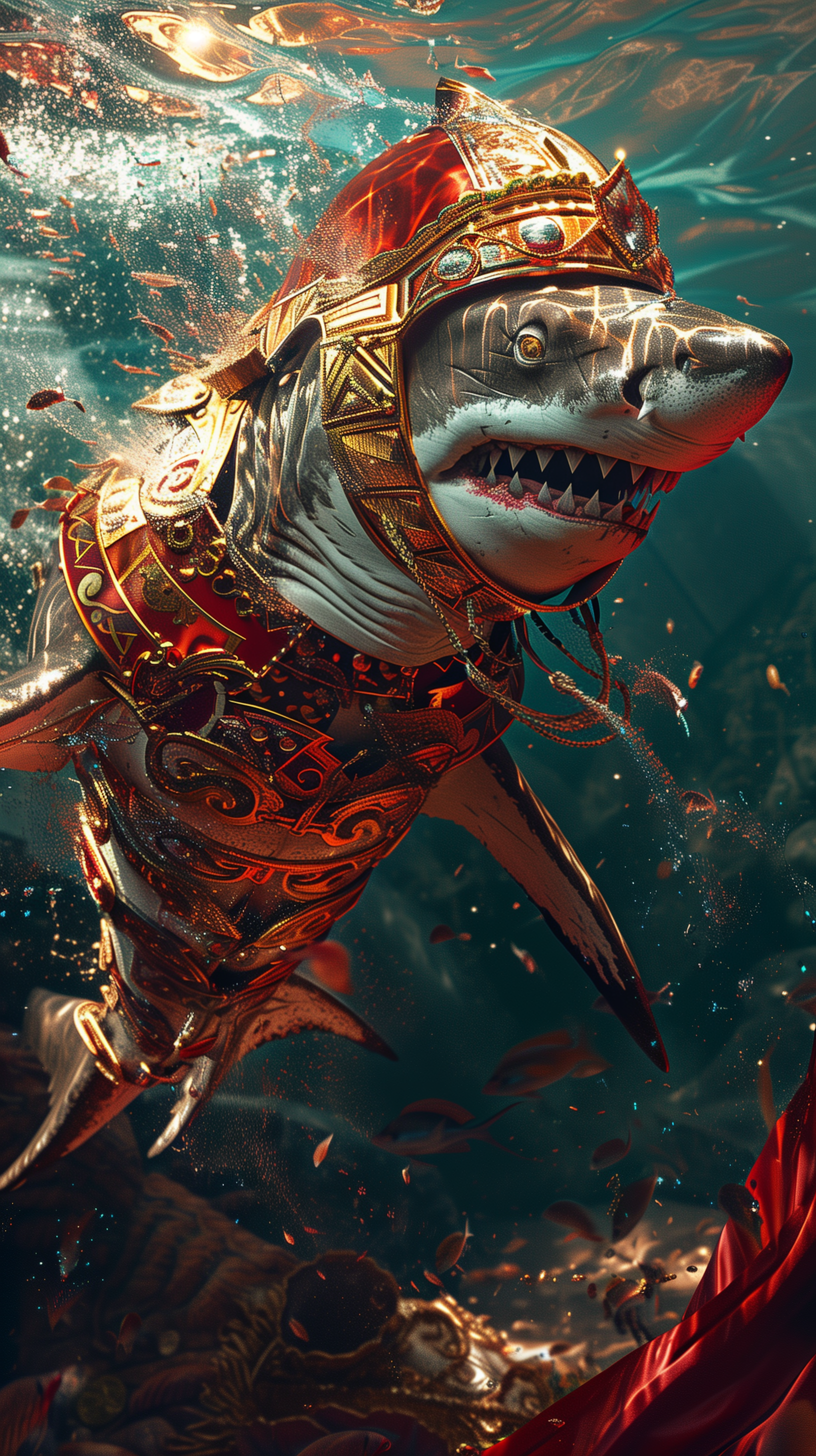 صورة مولدة بالذكاء الاصطناعي: Midjourney prompt: A shark wearing ancient bright red and gold Roman ... (نموذج Midjourney - فن مفاهيمي)