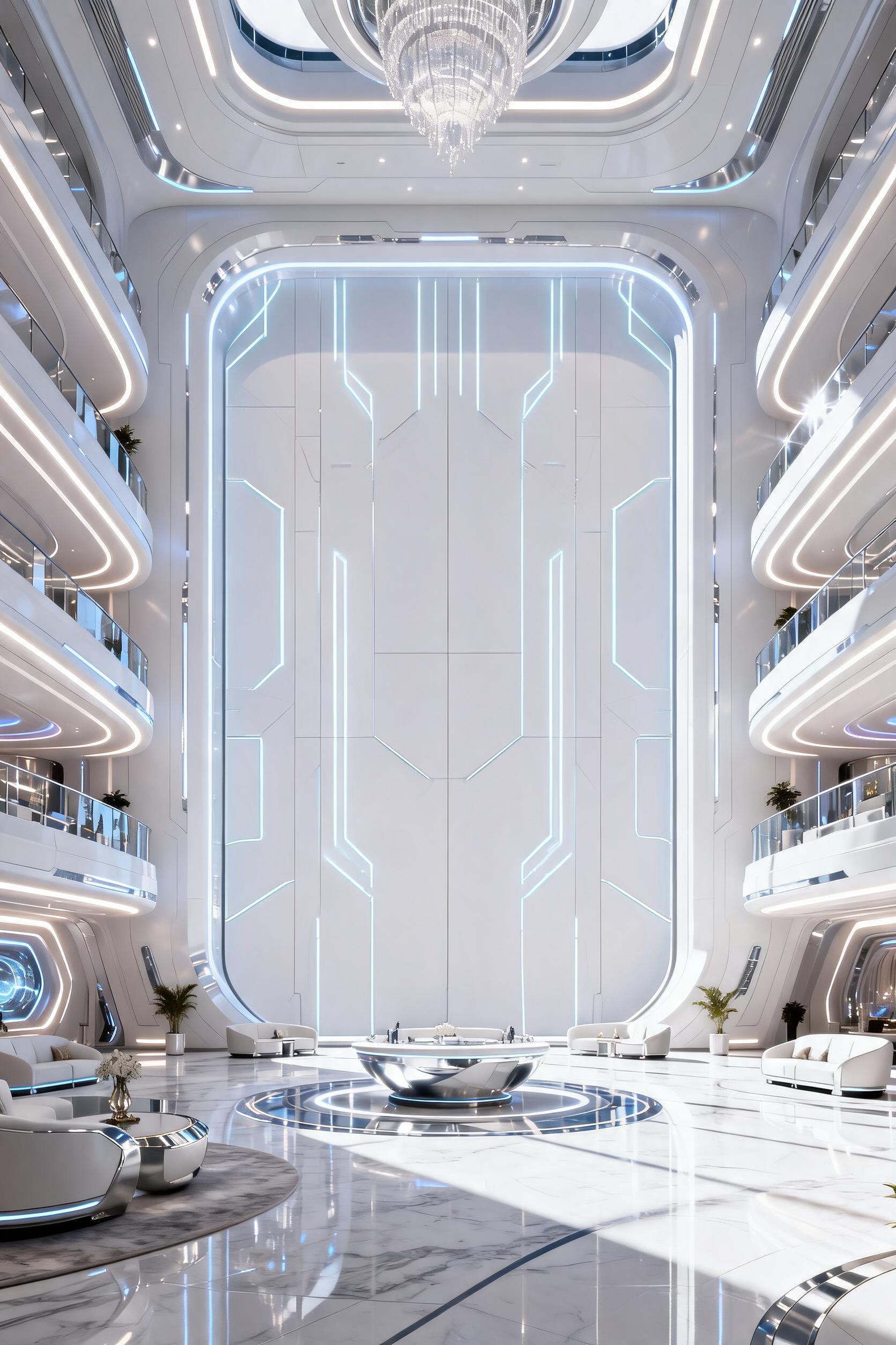صورة مولدة بالذكاء الاصطناعي: موجه Seedream 5: أنشئ صورة لتصميم داخلي مستقبلي لمدينة... (نموذج Seedream 5 - فن مفاهيمي)