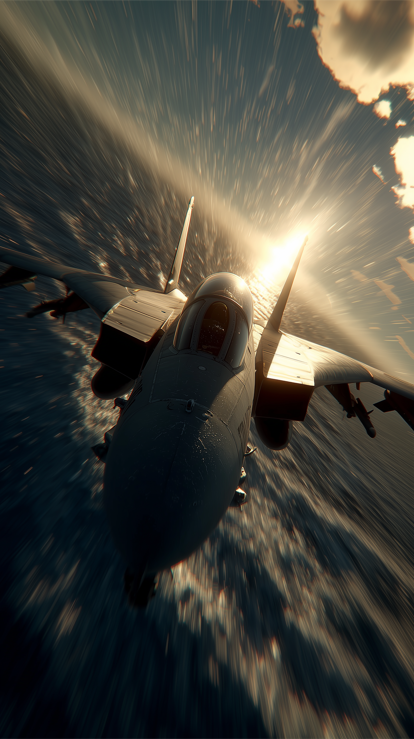 صورة مولدة بالذكاء الاصطناعي: Midjourney prompt: photorealistic, front shot, F-14, central dynamic ... (نموذج Midjourney - مناظر طبيعية)