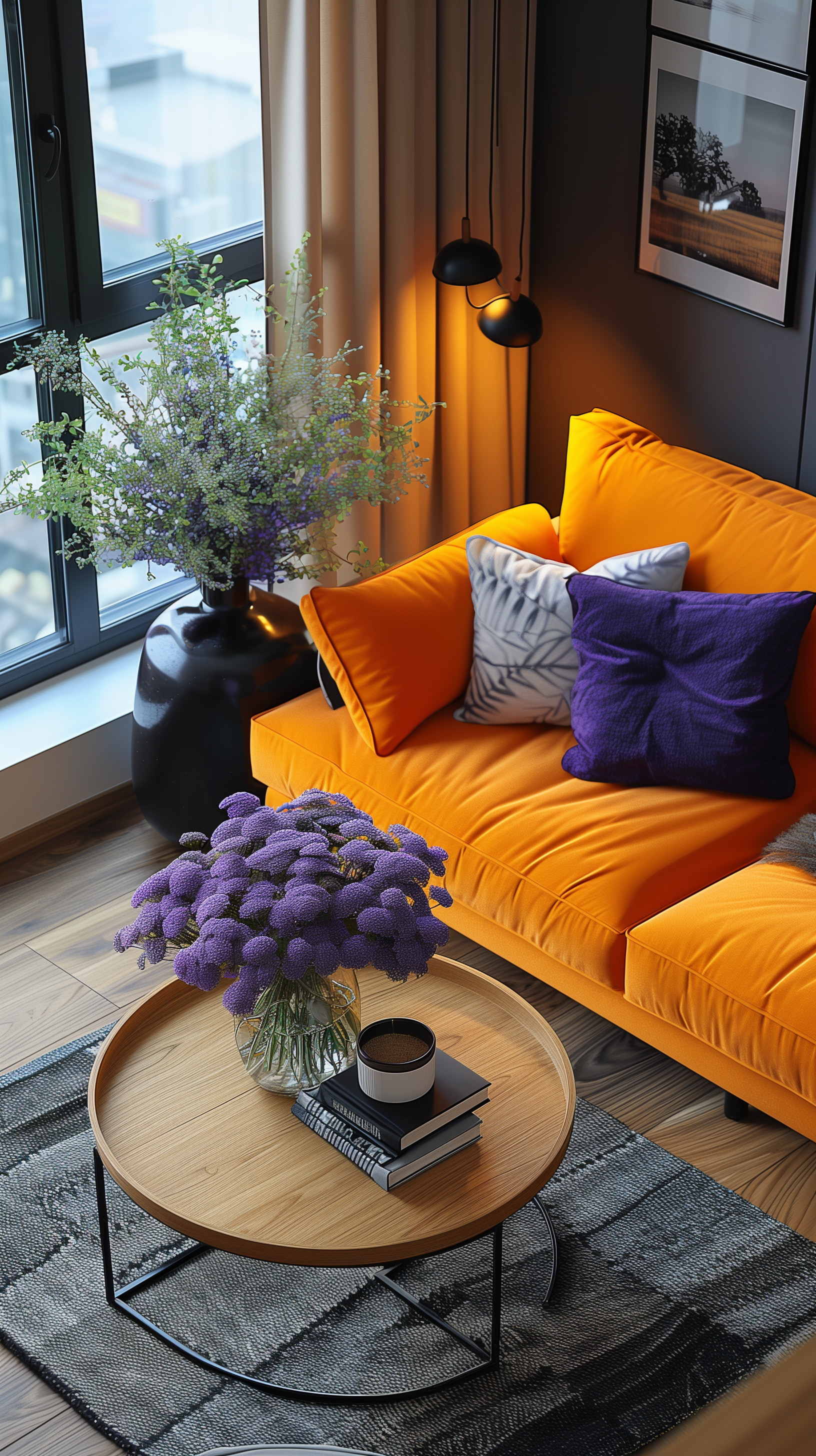 صورة مولدة بالذكاء الاصطناعي: Cozy living room interiors (نموذج Midjourney - تصميم داخلي)