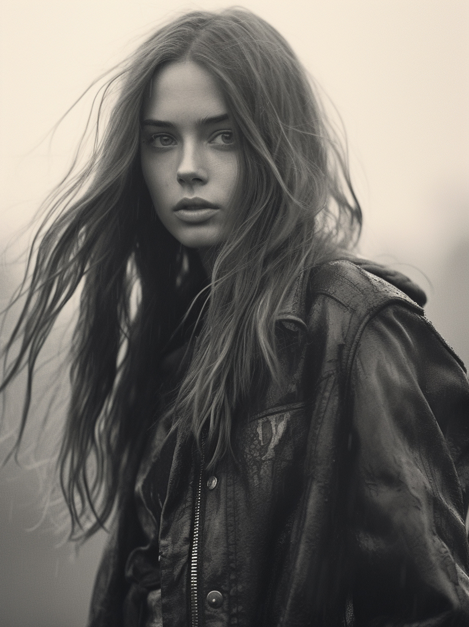 AI generated: Midjourney prompt: a black and white photo of a woman with long hair,... (Midjourney - Photography)