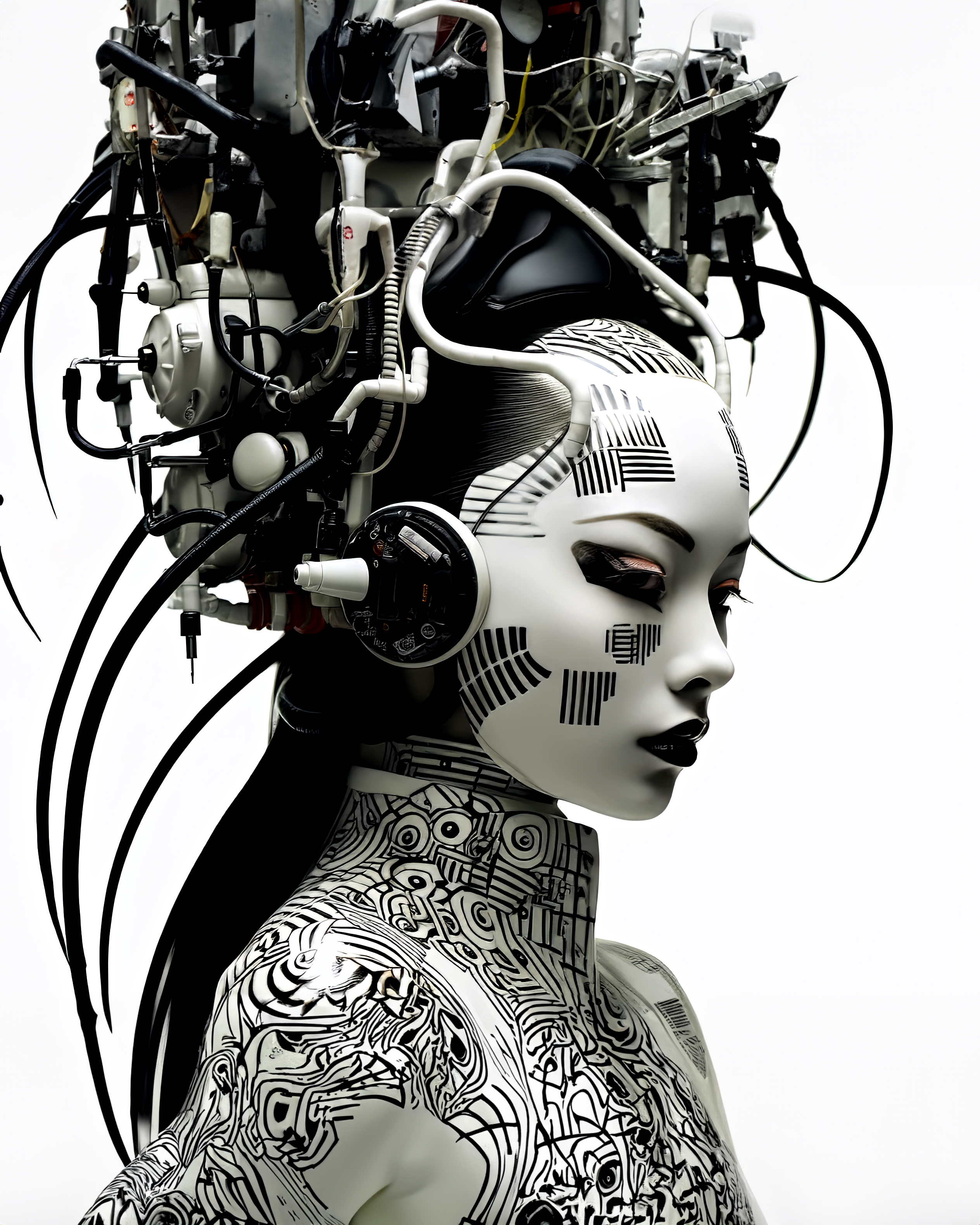 AI generated: Midjourney prompt: a woman wearing a white and black costume with bla... (Midjourney - Photography)