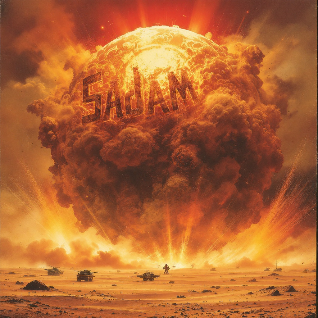 FLUX prompt: "Fictional 'Saddam Atom Bomb' concept art, a...