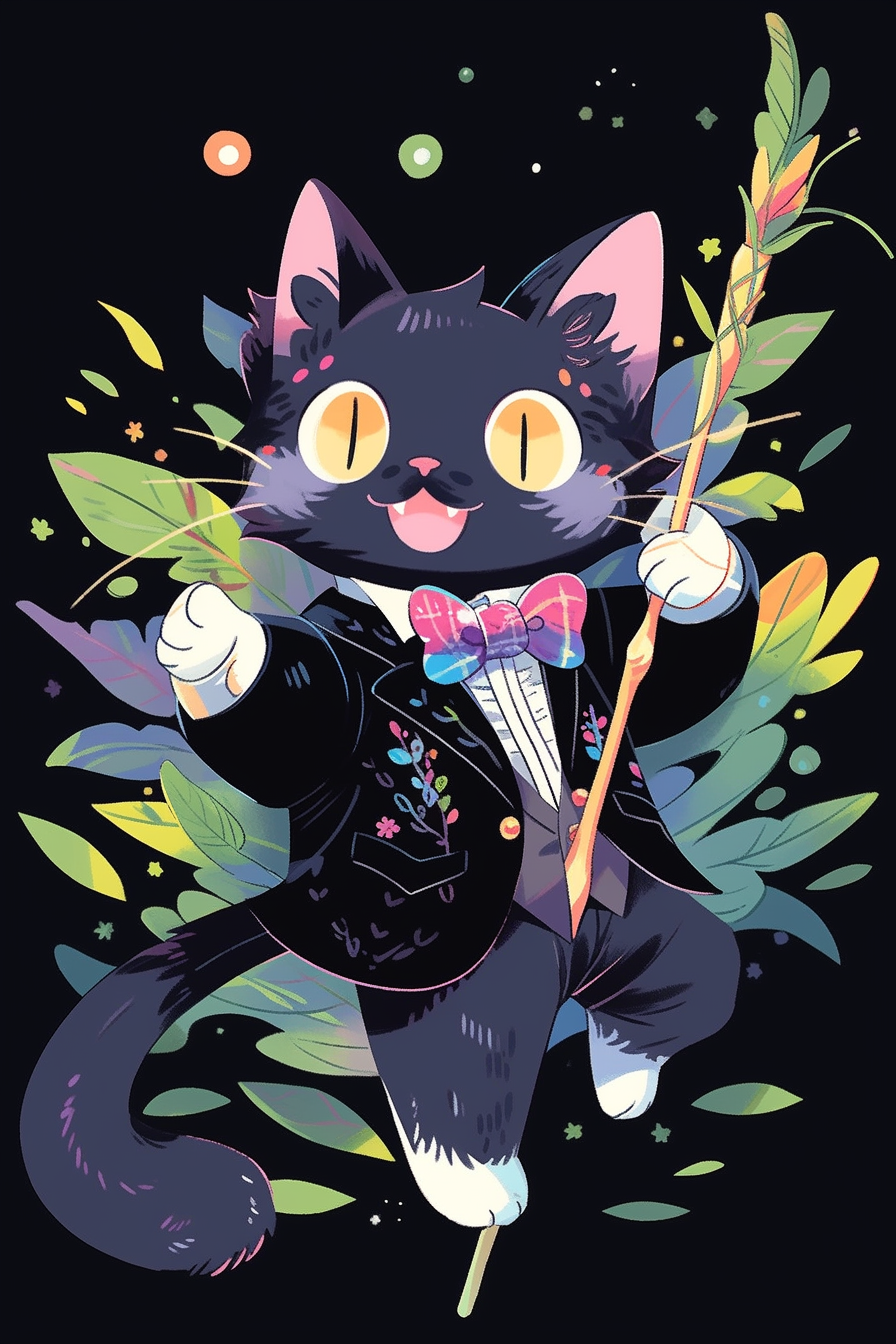صورة مولدة بالذكاء الاصطناعي: Midjourney prompt: A mischievous cat character in a polka dot bowtie,... (نموذج Midjourney - أنمي)