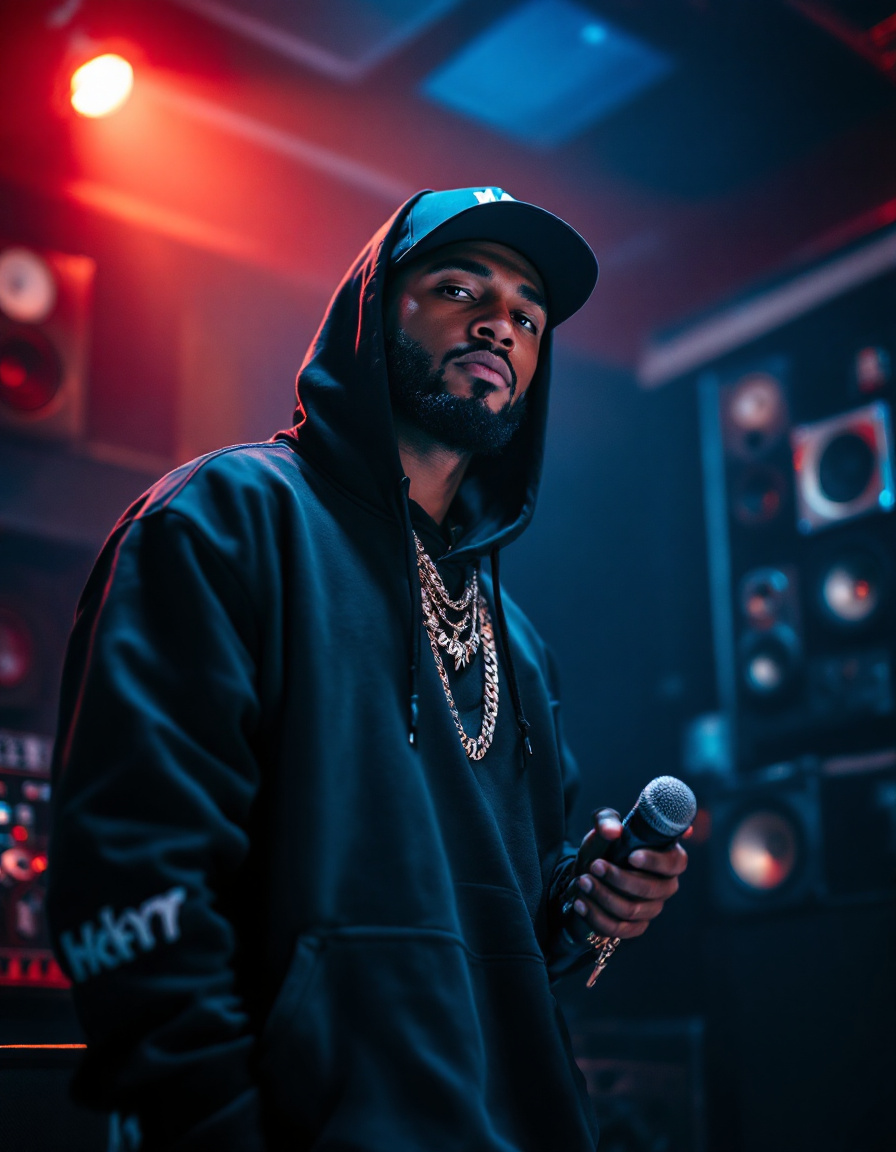 Revus Rapper Standing FLUX prompt: Realistic male hip-hop singer or rapper in a...